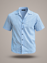Pale Blue Oversized Striped Popcorn Texture Half Sleeves Shirt