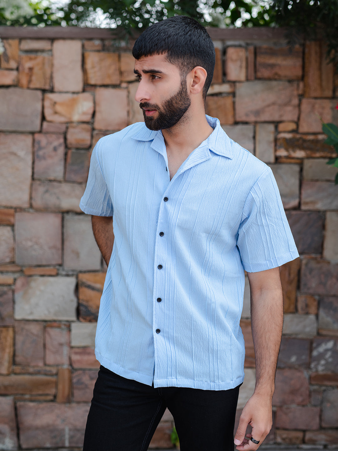 Buy Pale Blue Oversized Striped Popcorn Texture Half Sleeves Shirt Online