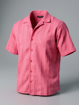 Pink Oversized Striped Popcorn Texture Half Sleeves Shirt