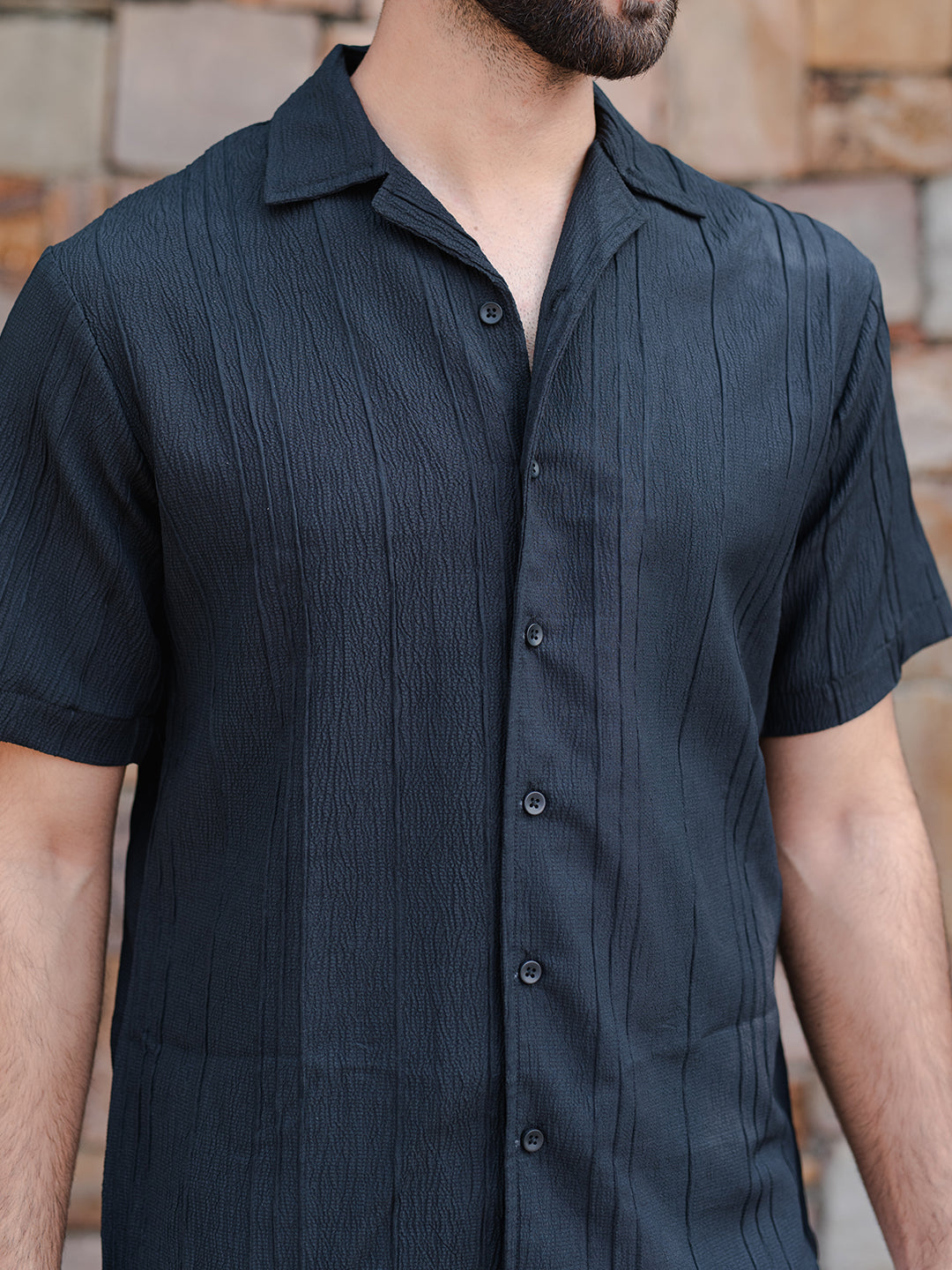Buy Black Oversized Striped Popcorn Texture Half Sleeves Shirt Online
