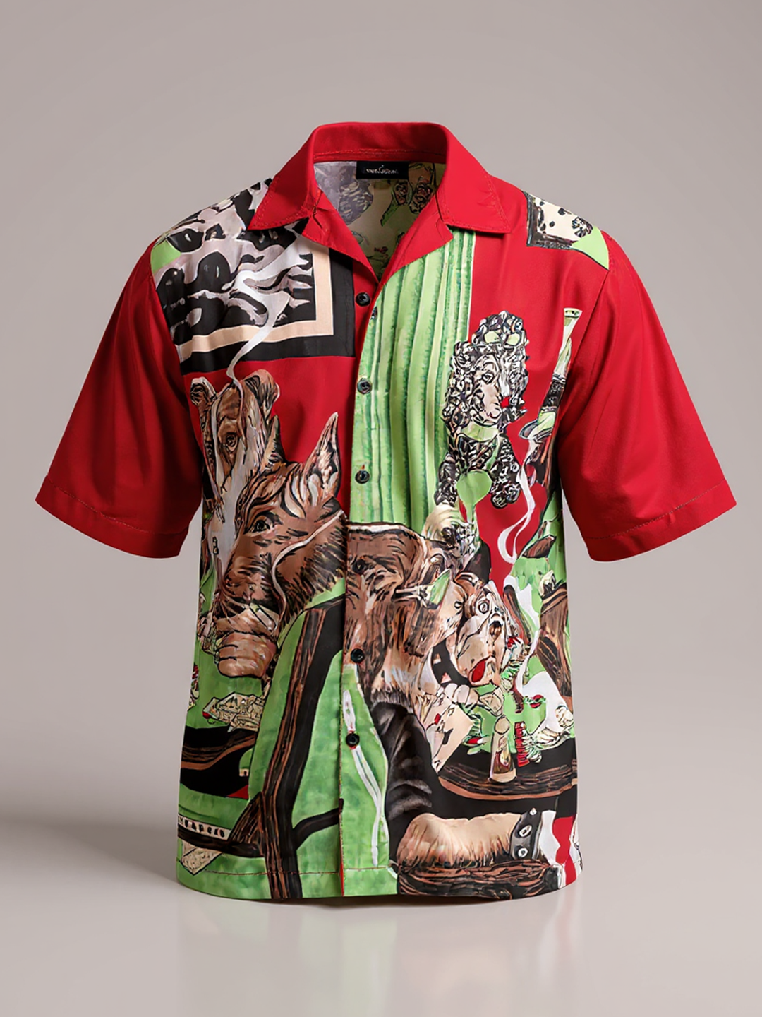 Dogs Palying Poker Printed Oversized Maroon Crepe Shirt