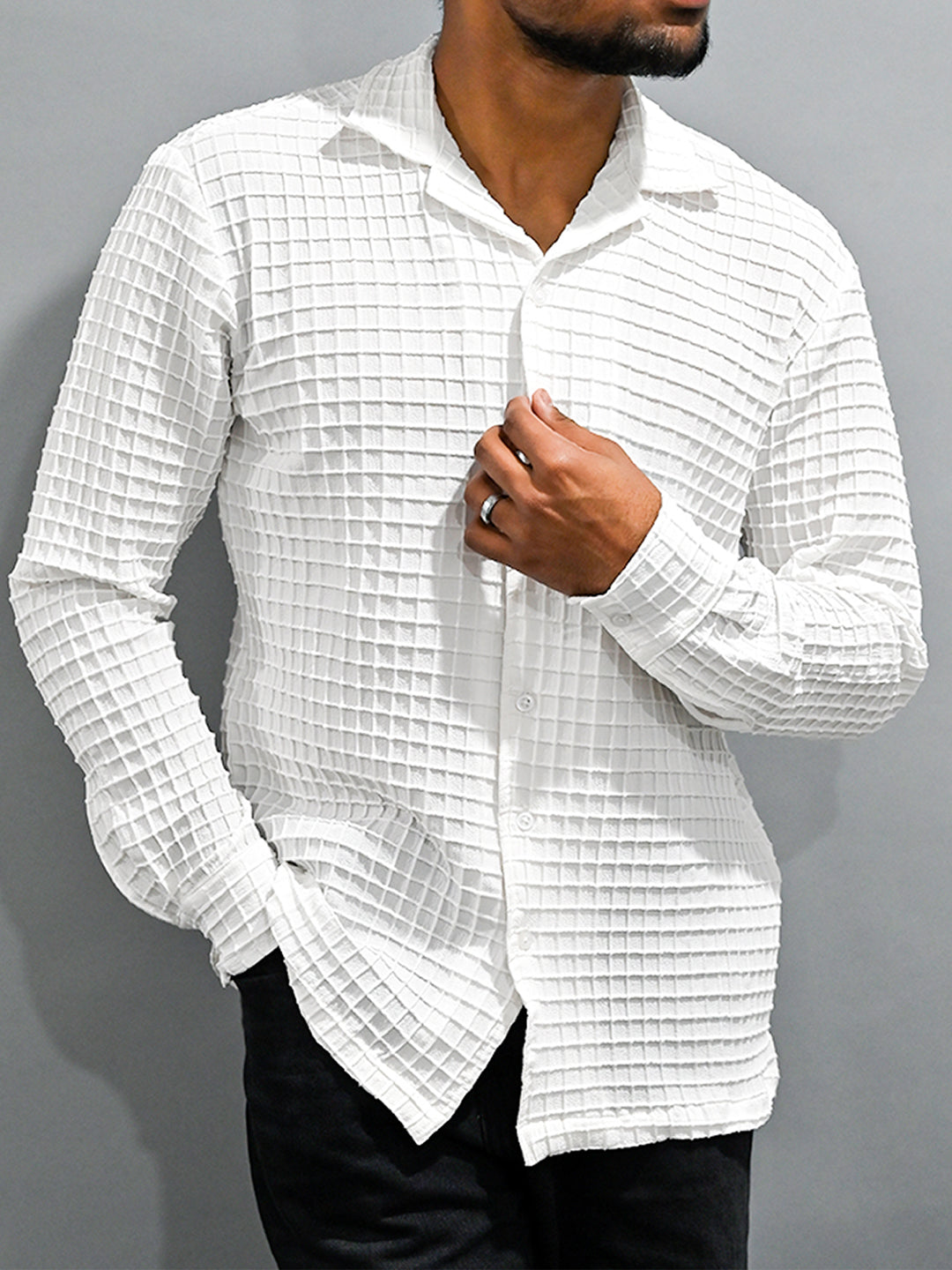 White Checks Popcorn Textured Full Sleeves Shirt