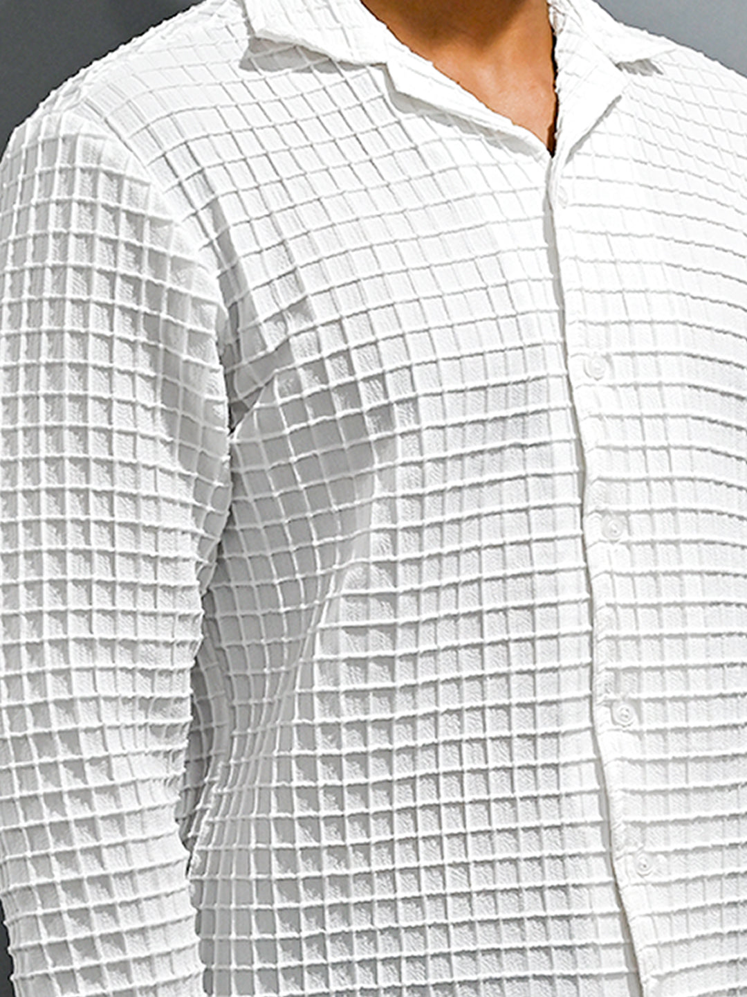 White Checks Popcorn Textured Full Sleeves Shirt