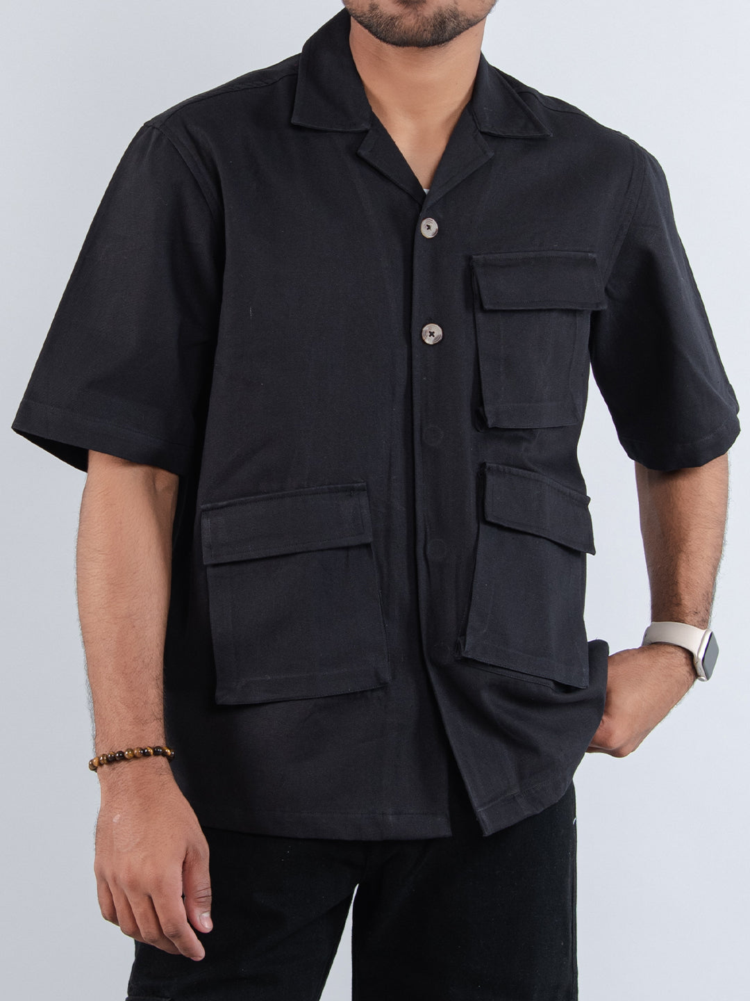 Black 3 Pockets Oversized Twill Cotton Half Sleeves Shirt