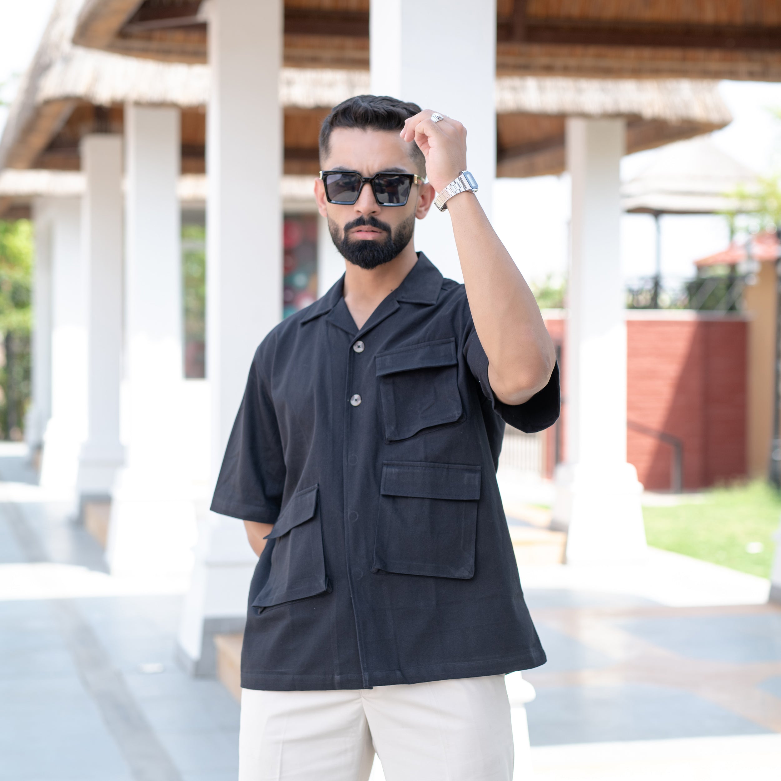 Black 3 Pockets Oversized Twill Cotton Half Sleeves Shirt