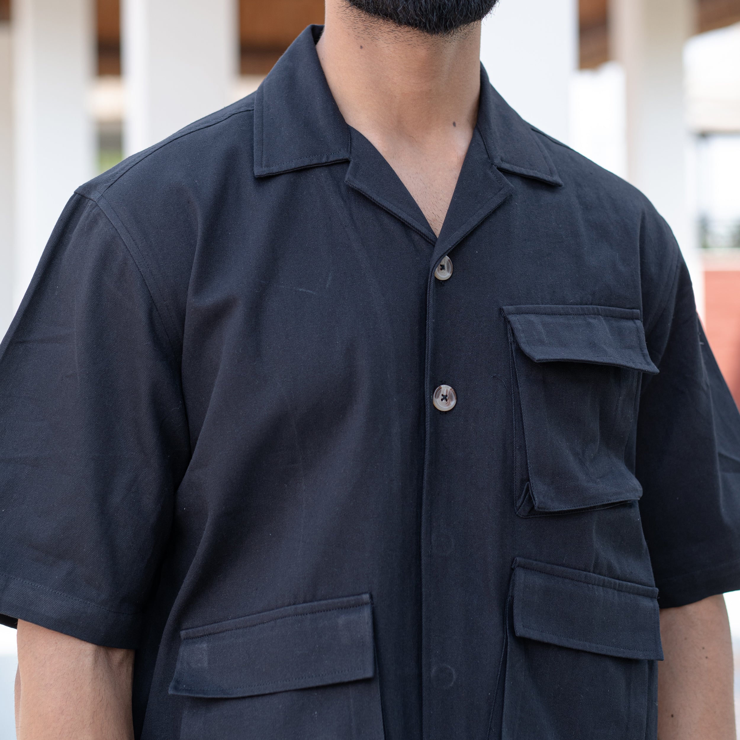 Black 3 Pockets Oversized Twill Cotton Half Sleeves Shirt