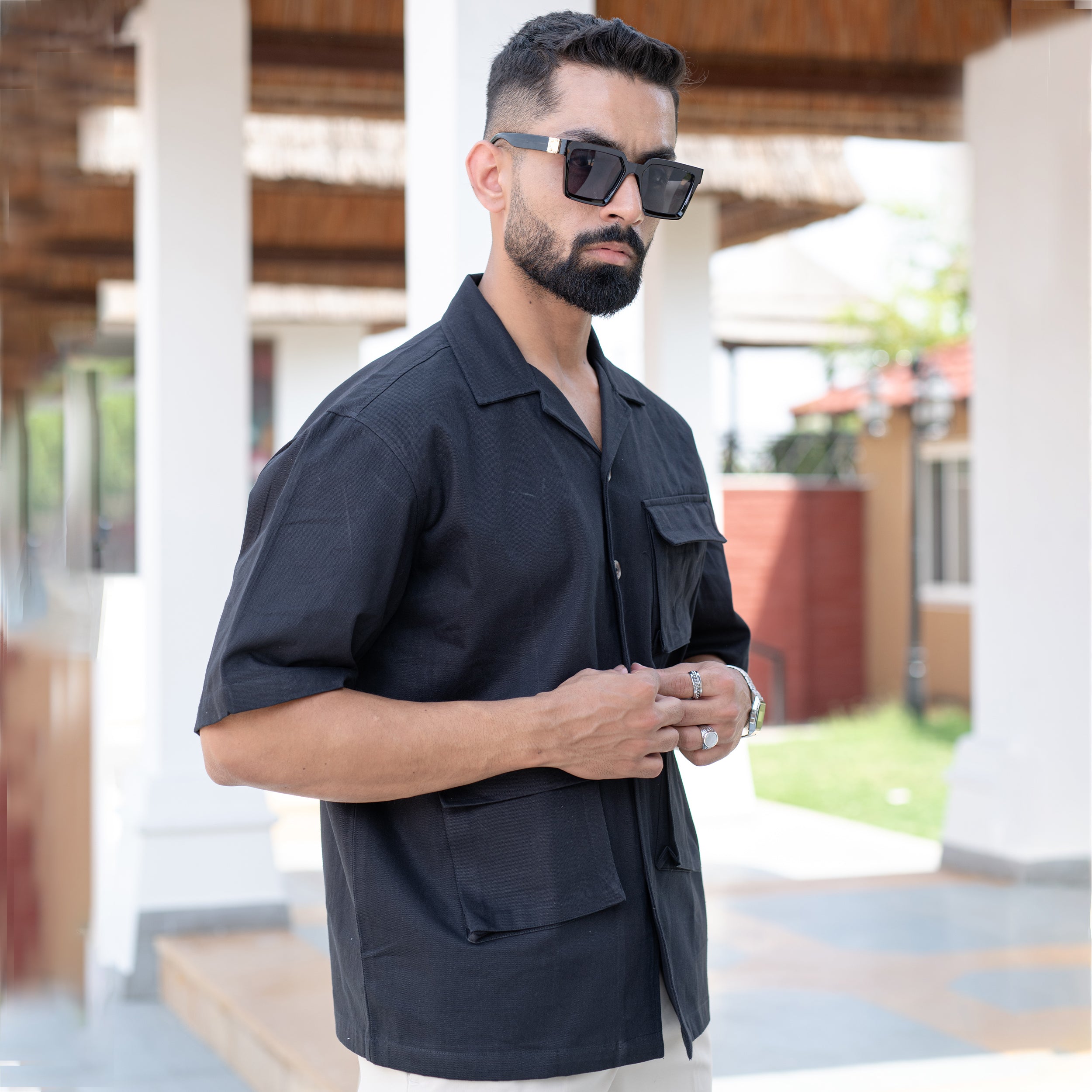 Black 3 Pockets Oversized Twill Cotton Half Sleeves Shirt