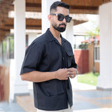 Black 3 Pockets Oversized Twill Cotton Half Sleeves Shirt