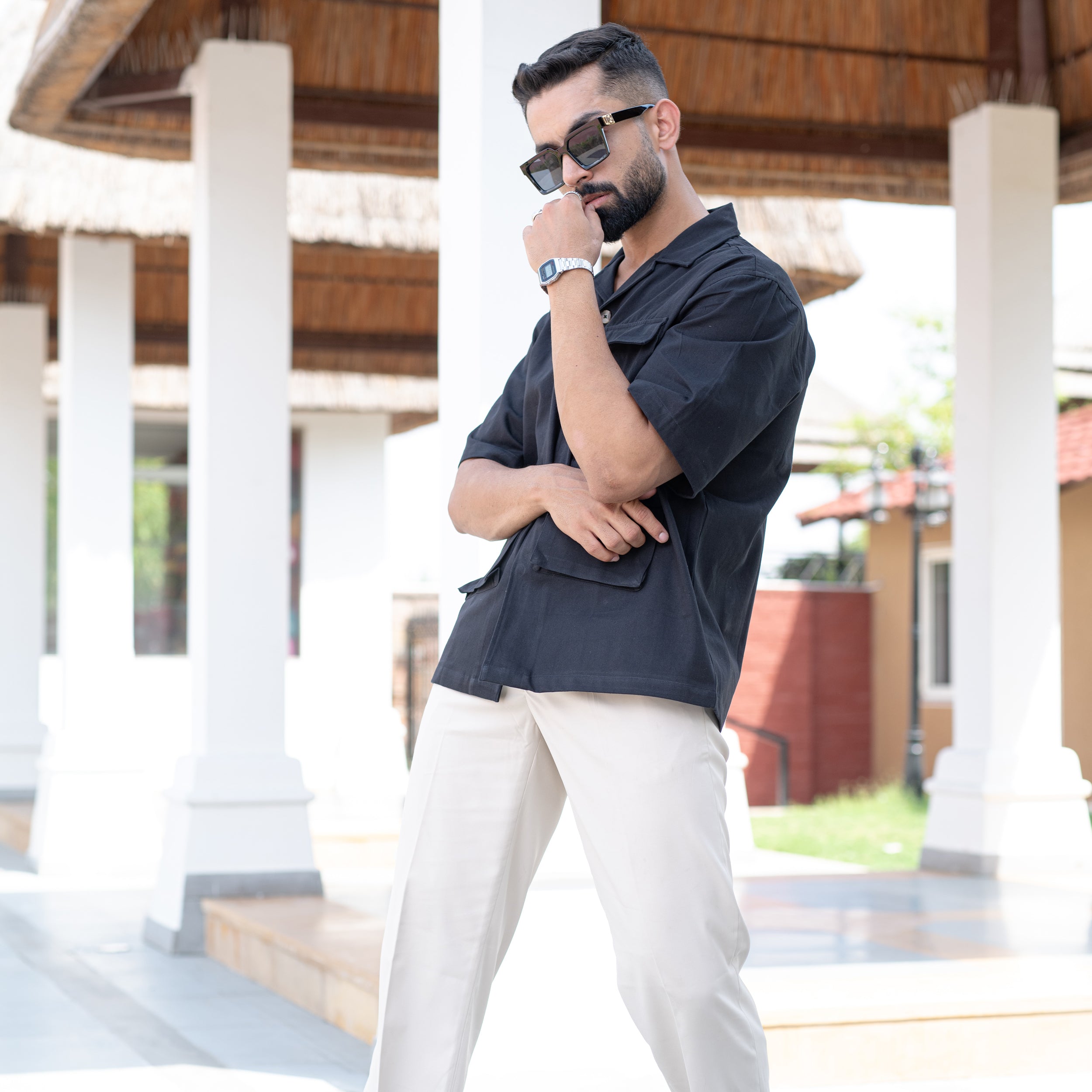 Black 3 Pockets Oversized Twill Cotton Half Sleeves Shirt