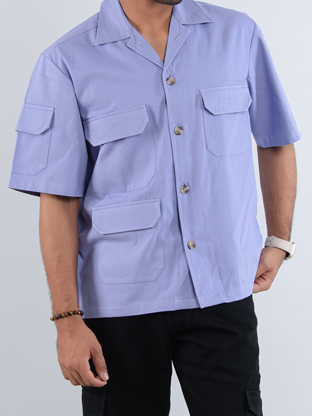 Lavender 4 Pockets Oversized Twill Cotton Half Sleeves Shirt