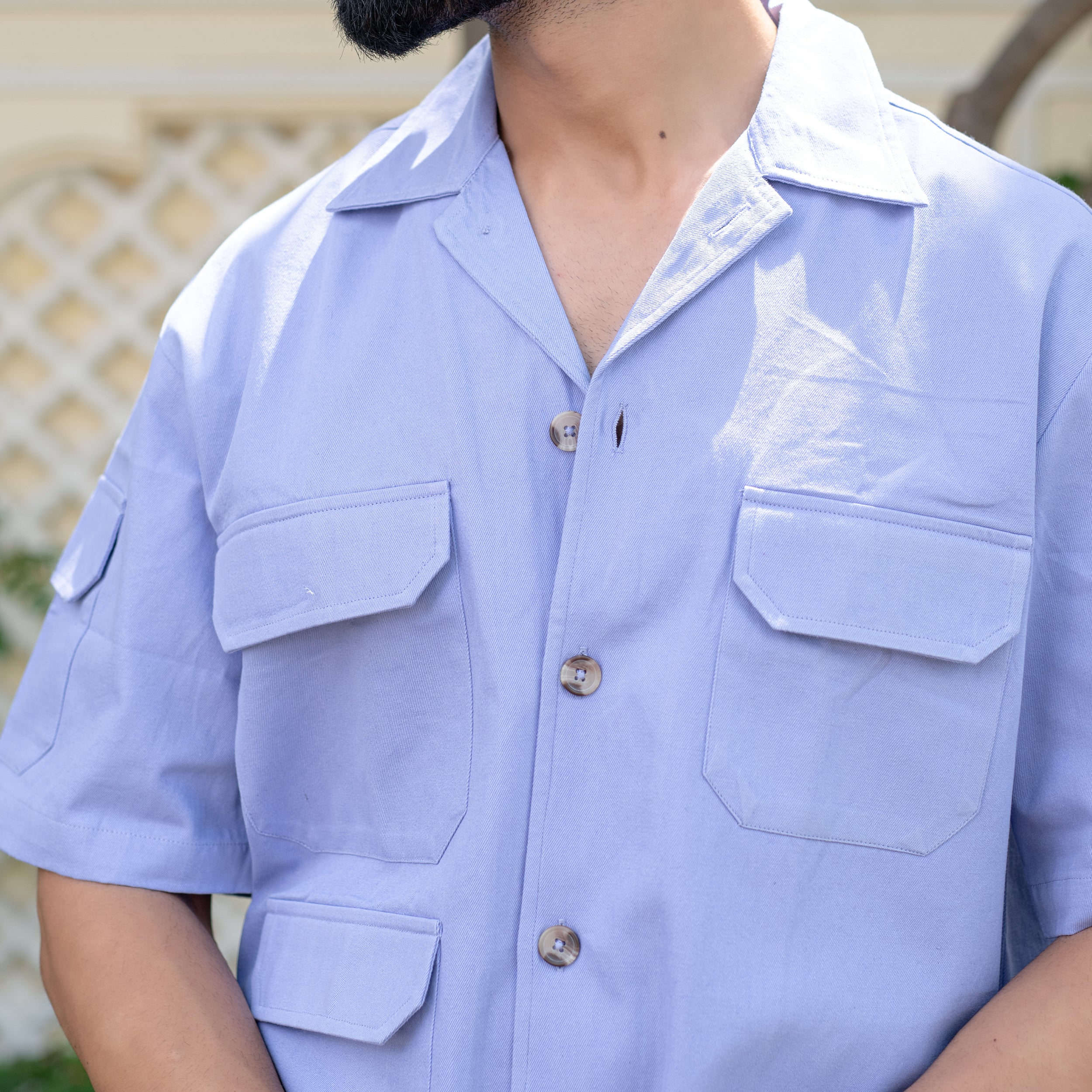 Lavender 4 Pockets Oversized Twill Cotton Half Sleeves Shirt