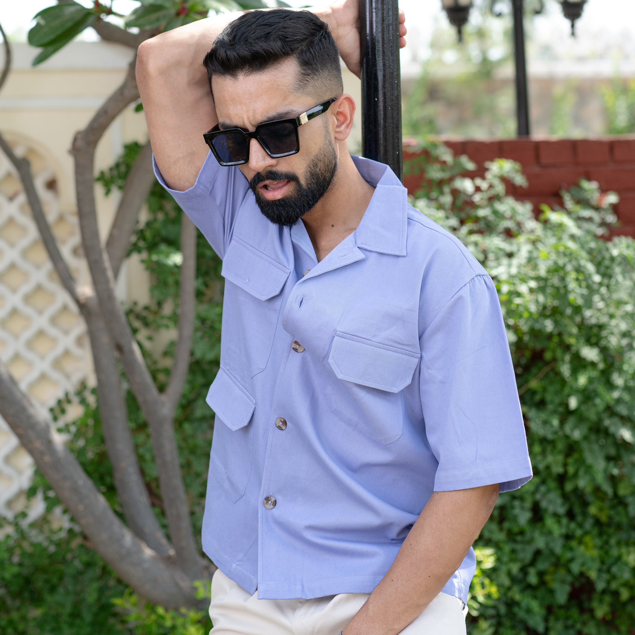 Lavender 4 Pockets Oversized Twill Cotton Half Sleeves Shirt