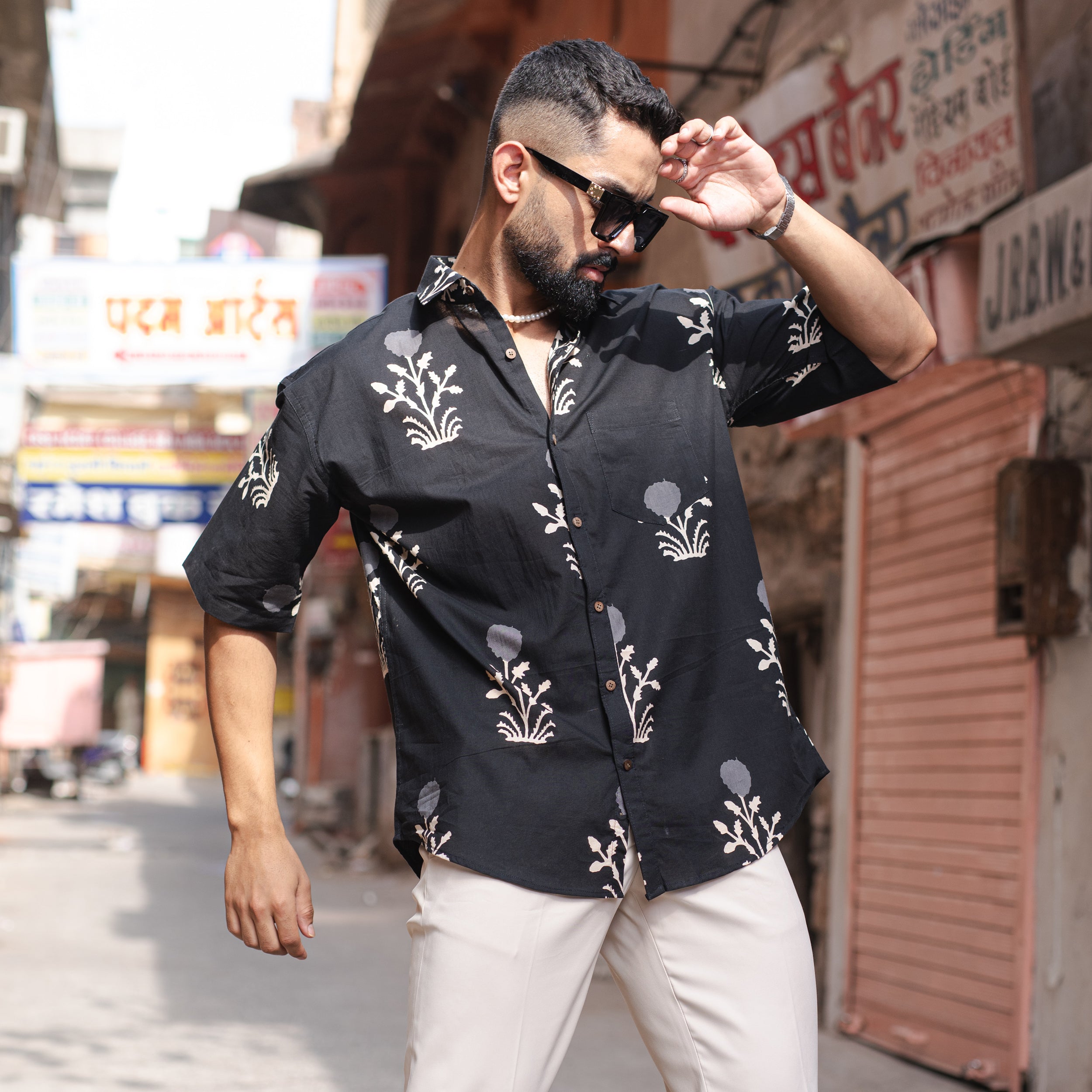Black Floral Half Sleeve Printed shirt