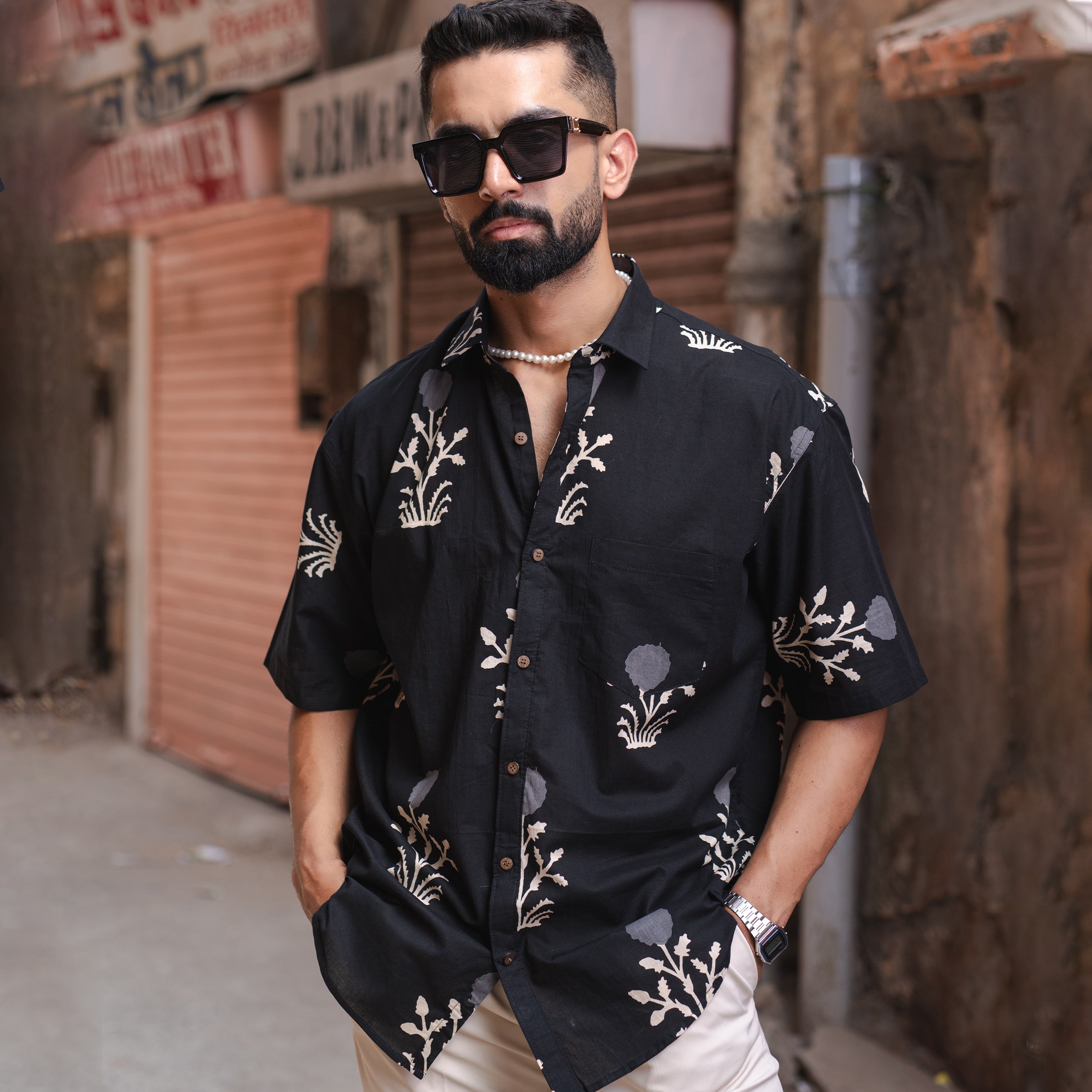 Black Floral Half Sleeve Printed shirt