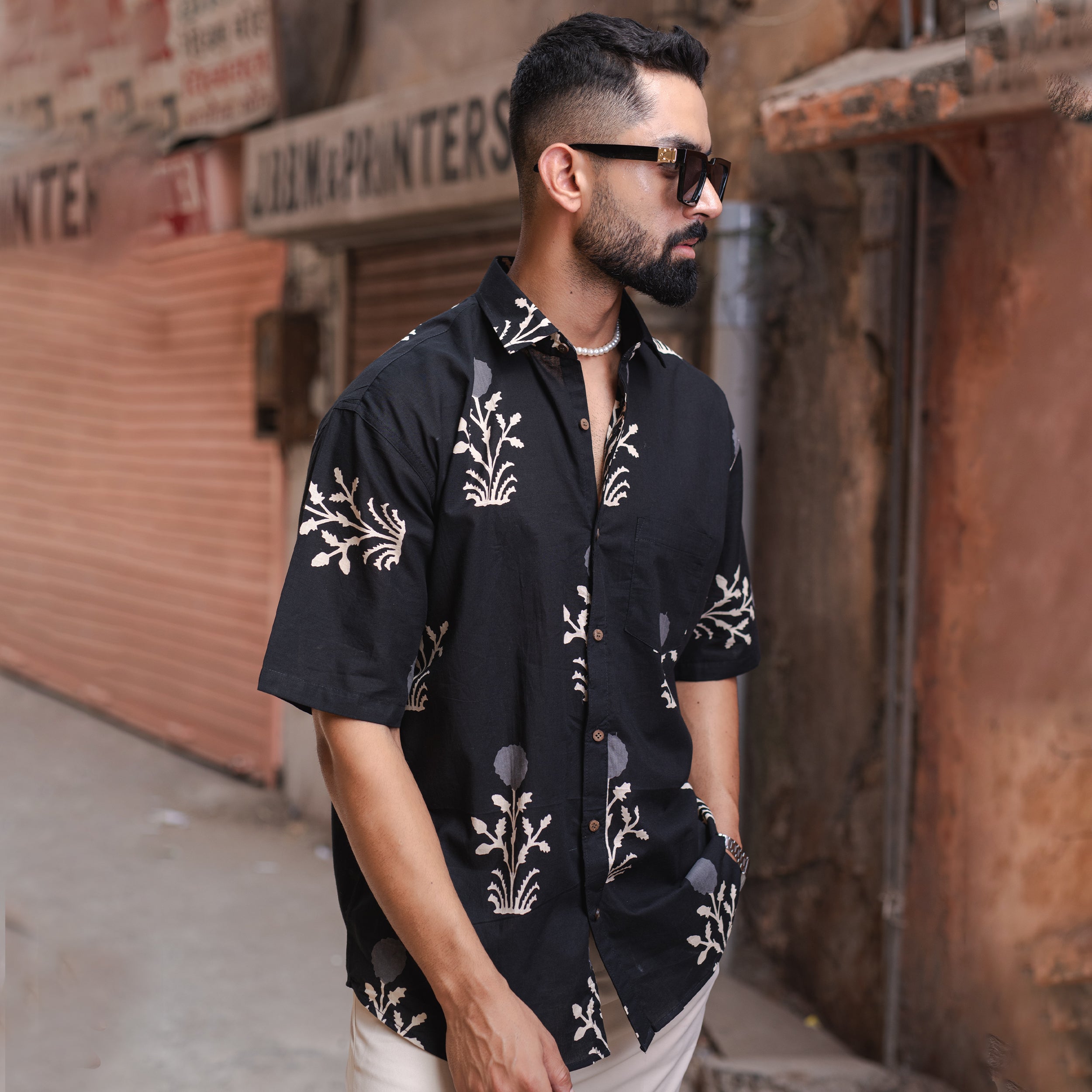 Black Floral Half Sleeve Printed shirt