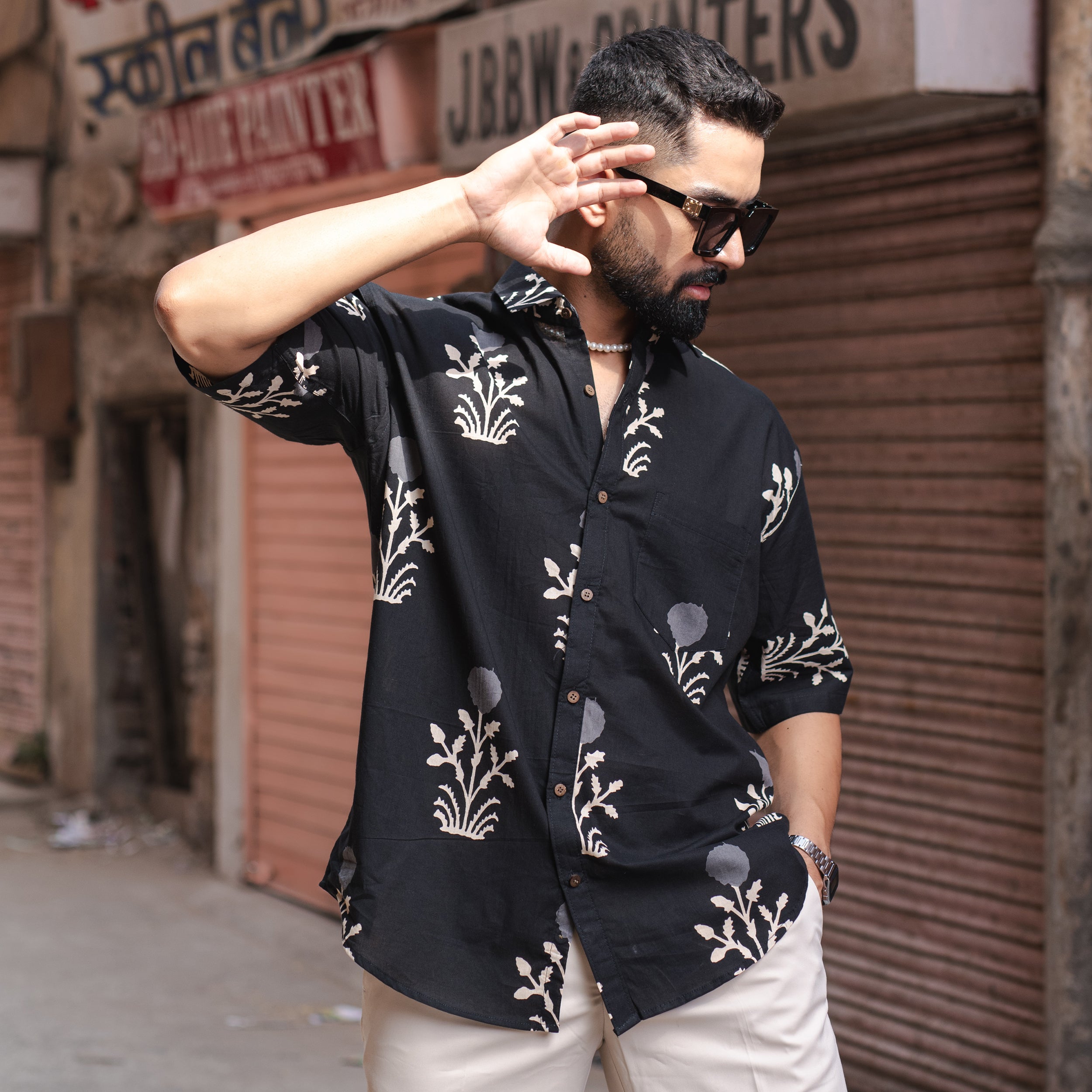 Black Floral Half Sleeve Printed shirt