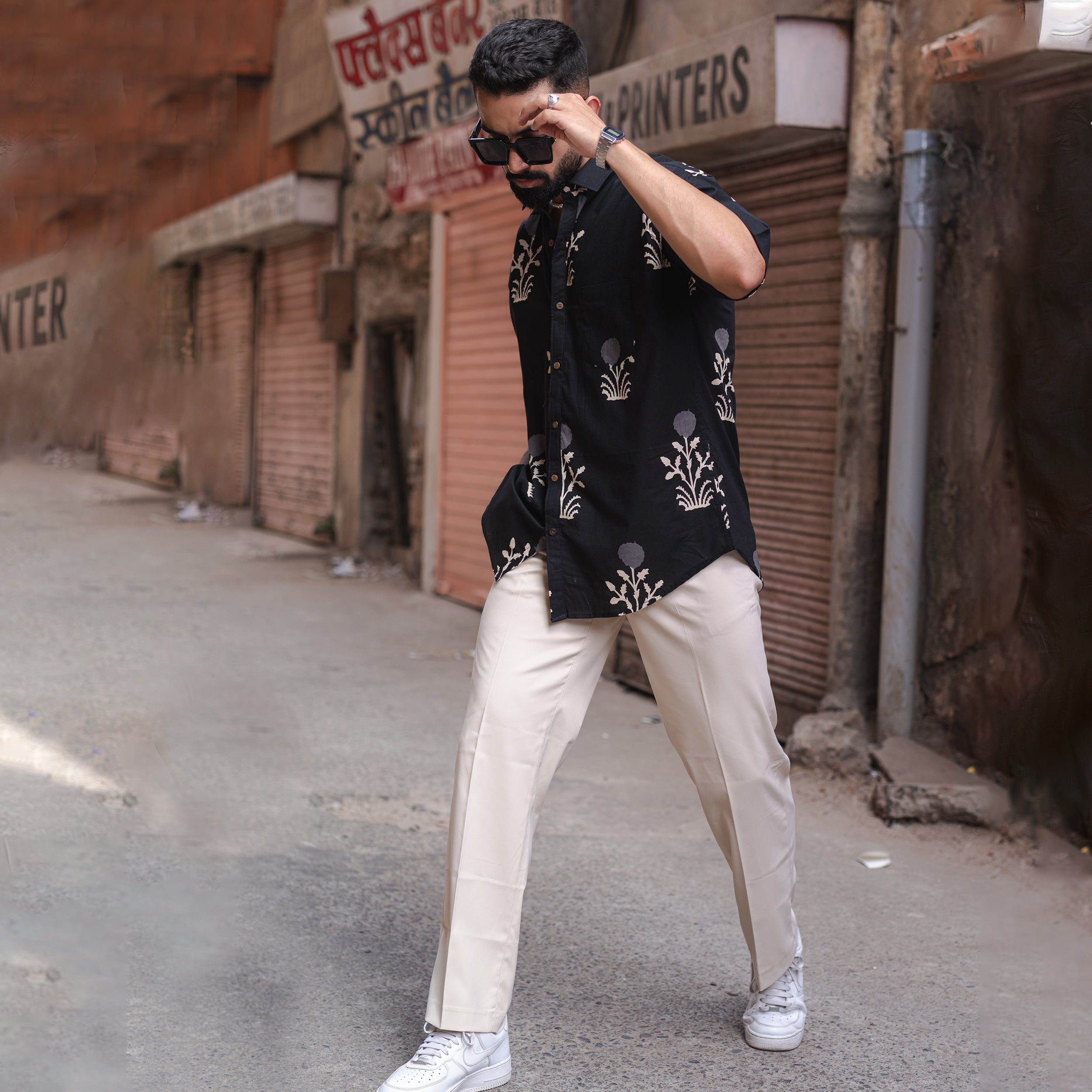Black Floral Half Sleeve Printed shirt