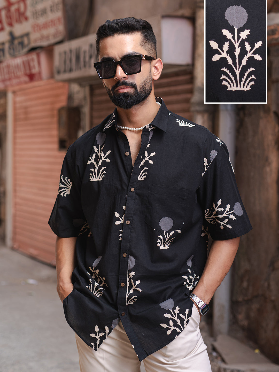 Black Floral Half Sleeve Printed shirt