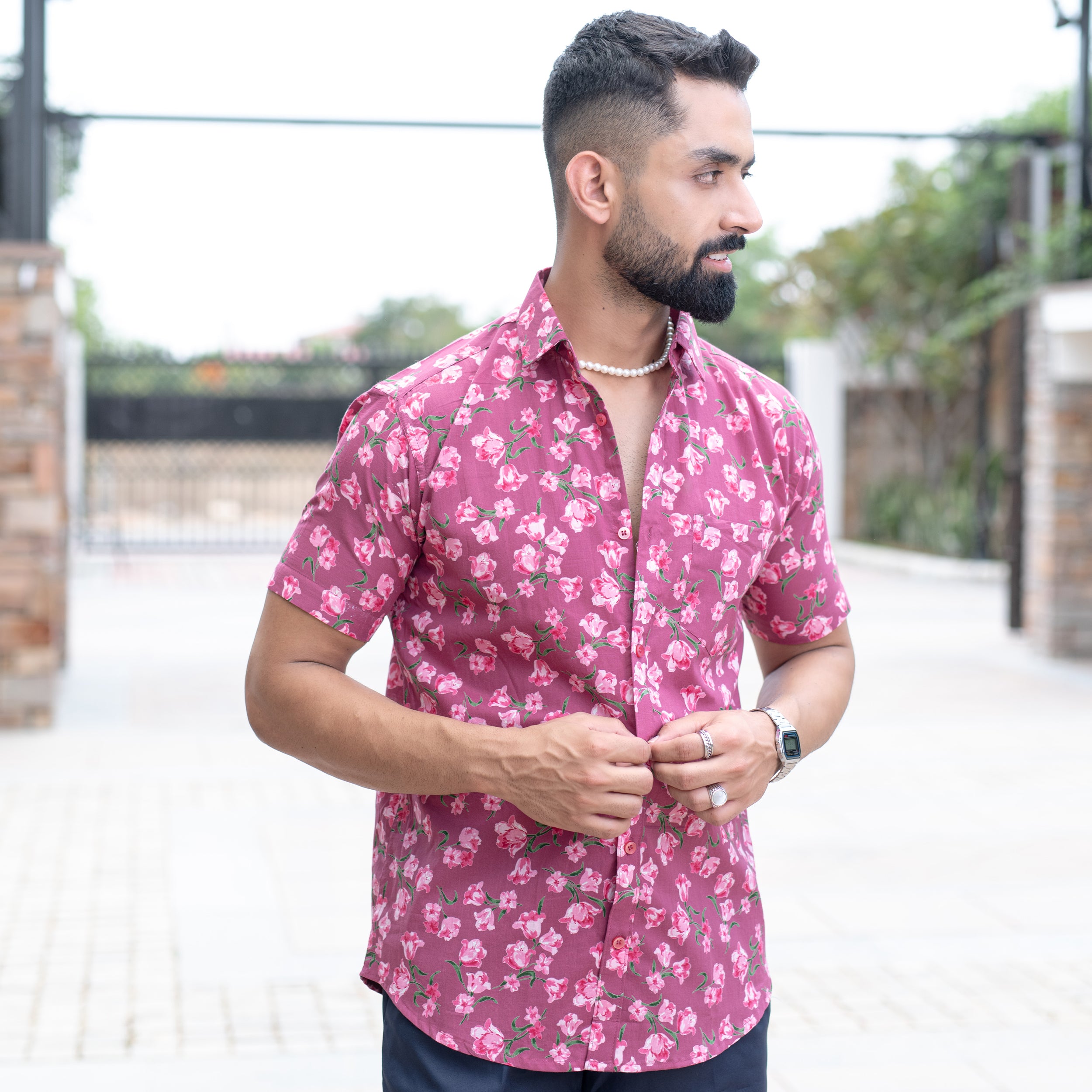 Crimson Floral Half Sleeve Printed shirt