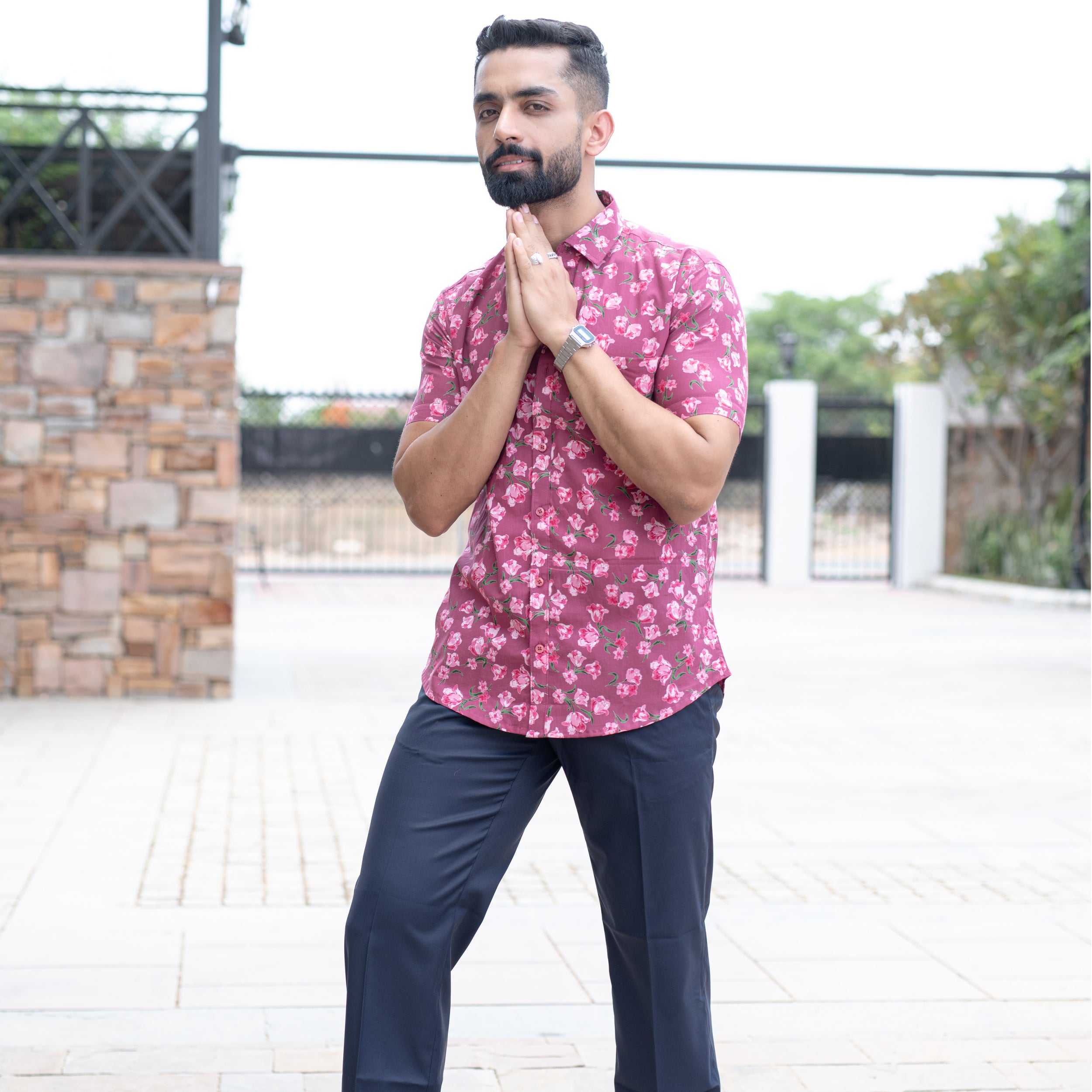 Crimson Floral Half Sleeve Printed shirt