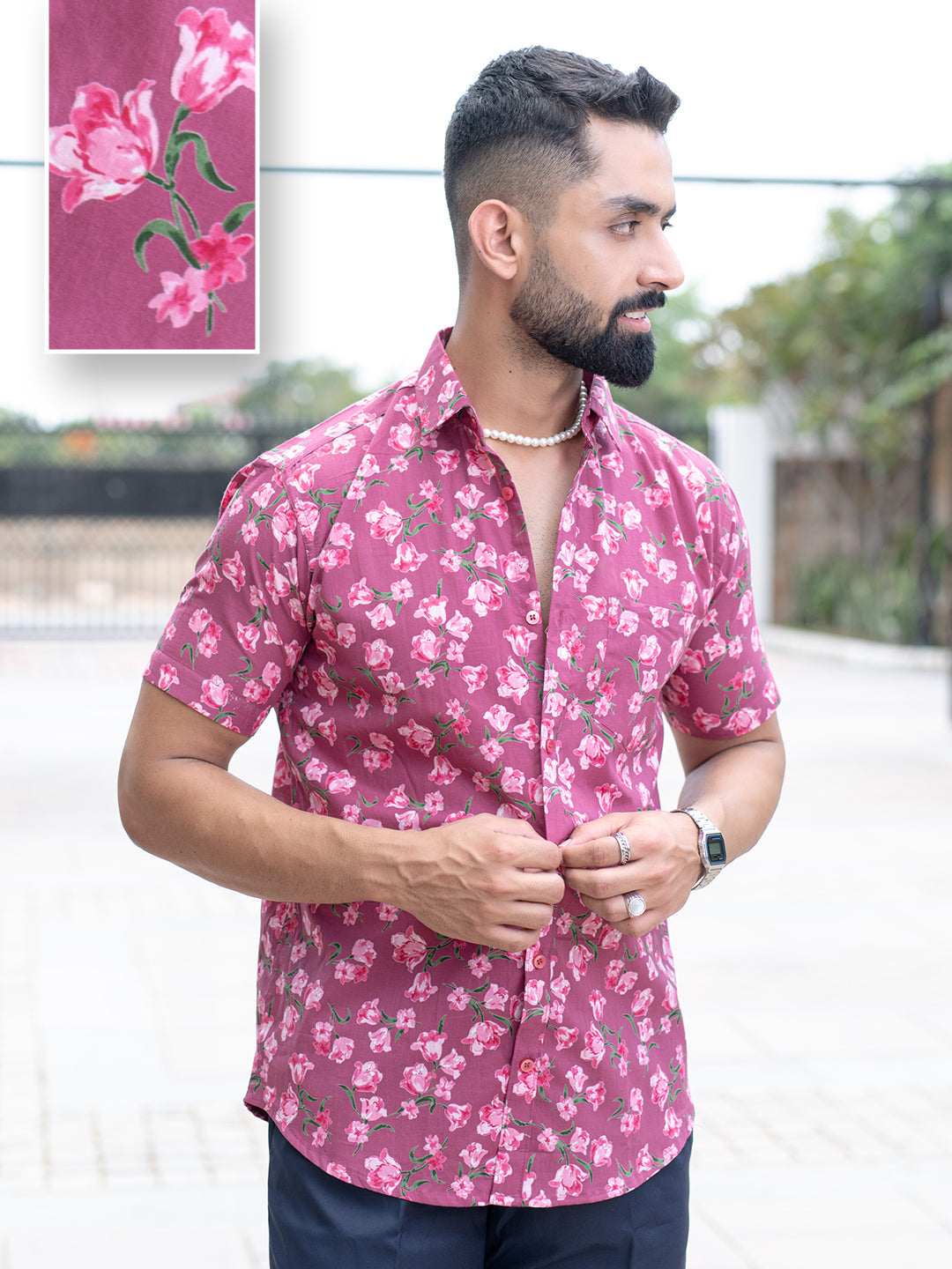 Crimson Floral Half Sleeve Printed shirt