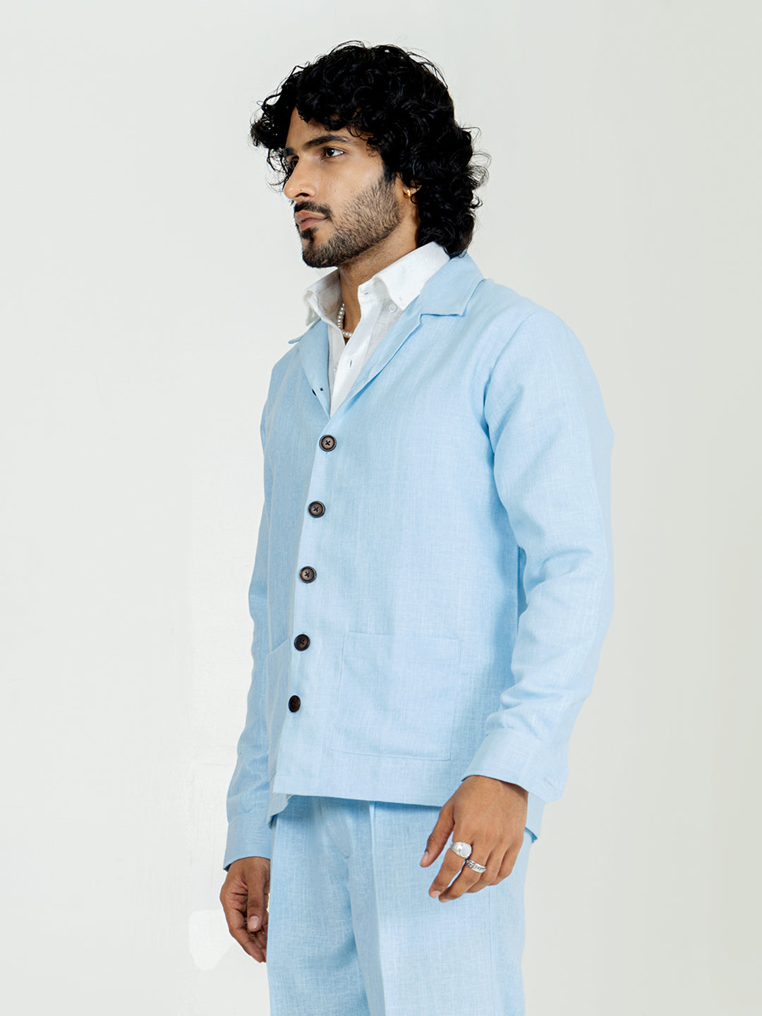 Soft cyan Two Pocket Linen blend shacket