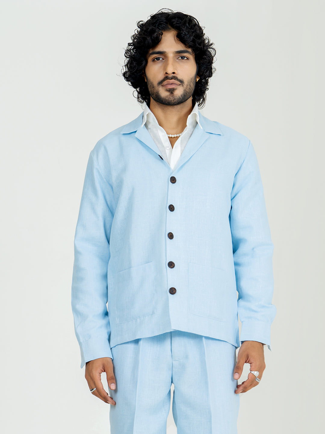 Soft cyan Two Pocket Linen blend shacket