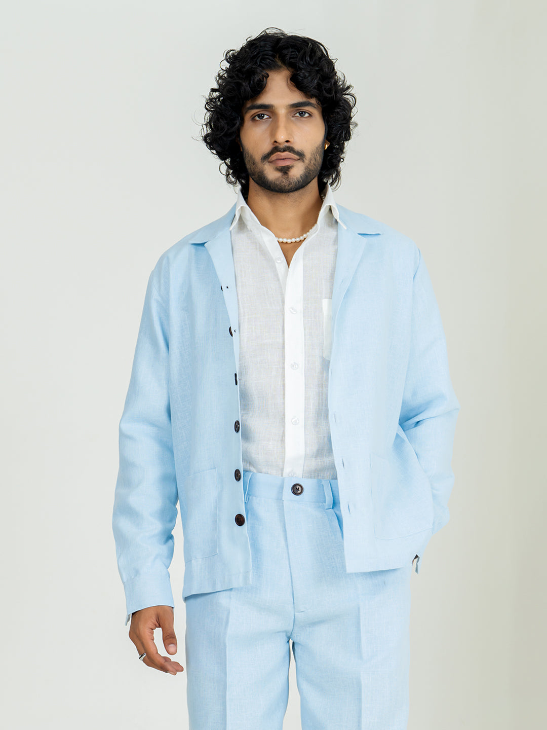 Soft cyan Two Pocket Linen blend shacket