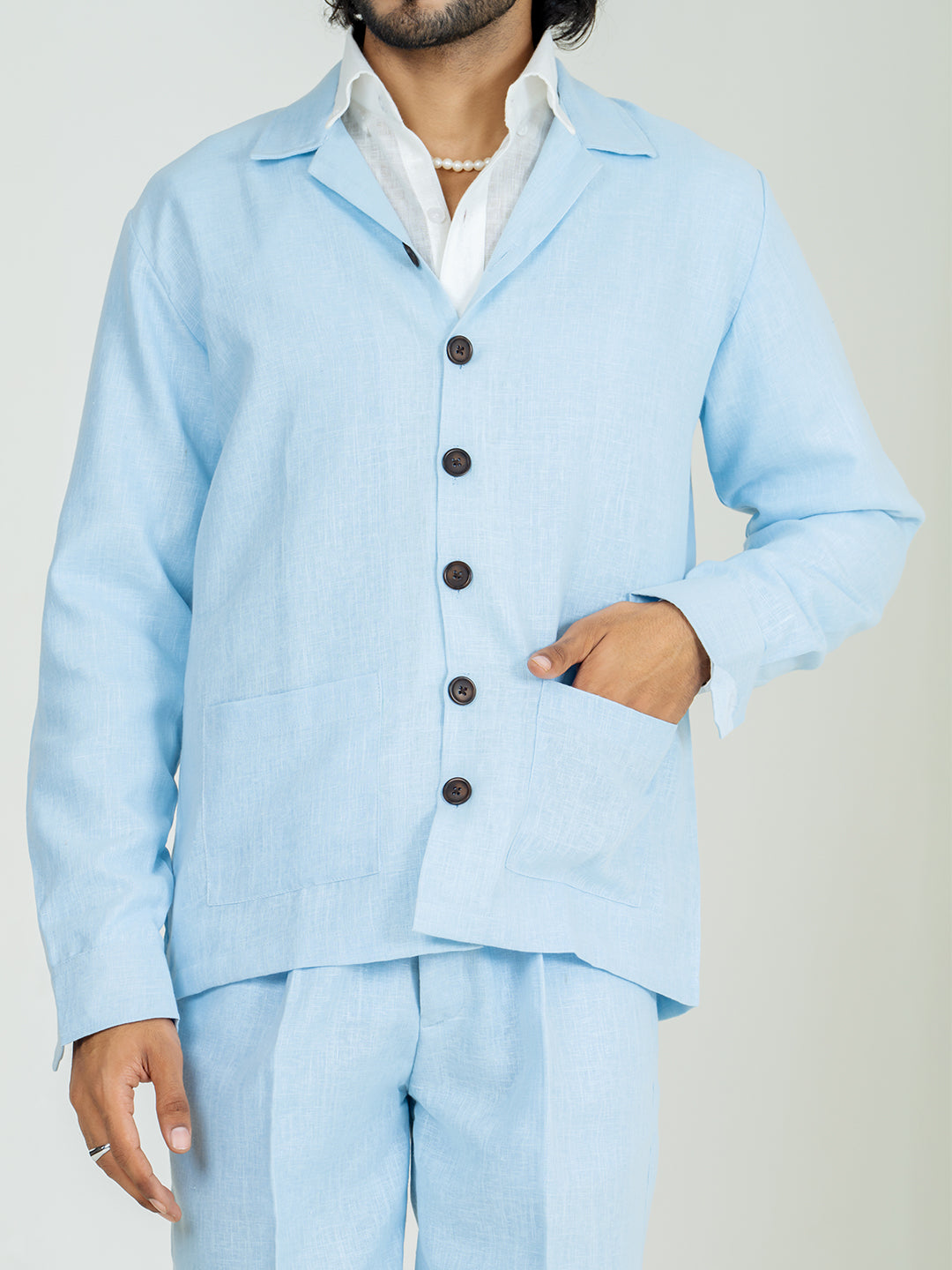 Soft cyan Two Pocket Linen blend shacket