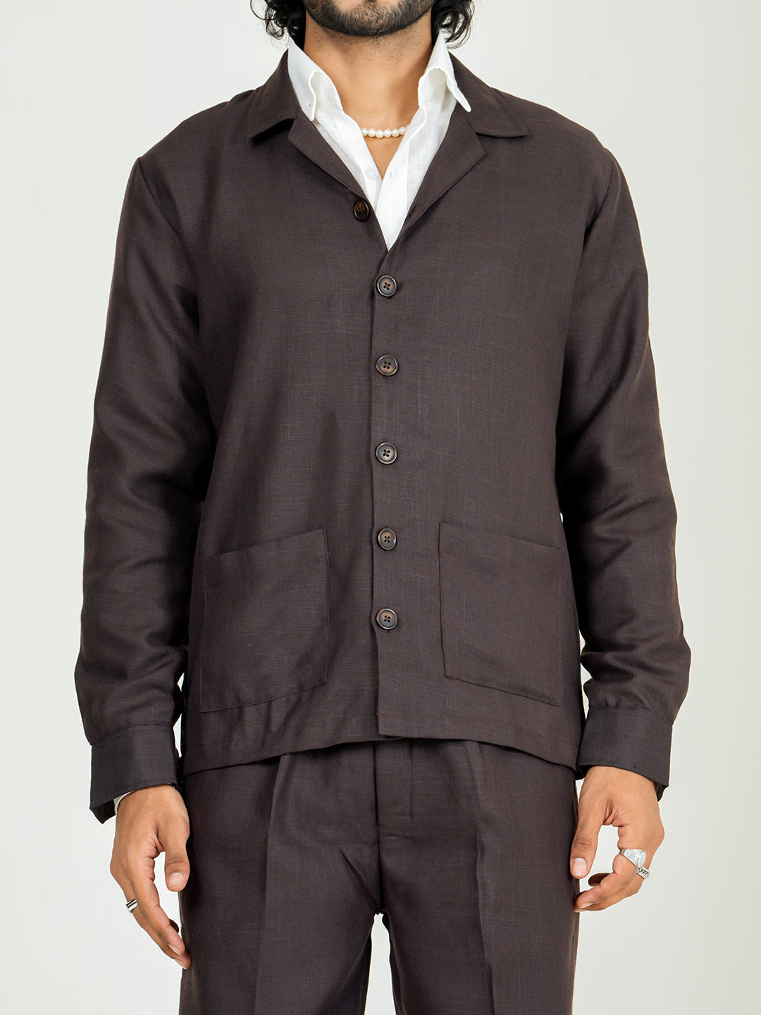 Umber Brown Two Pocket Linen blend shacket