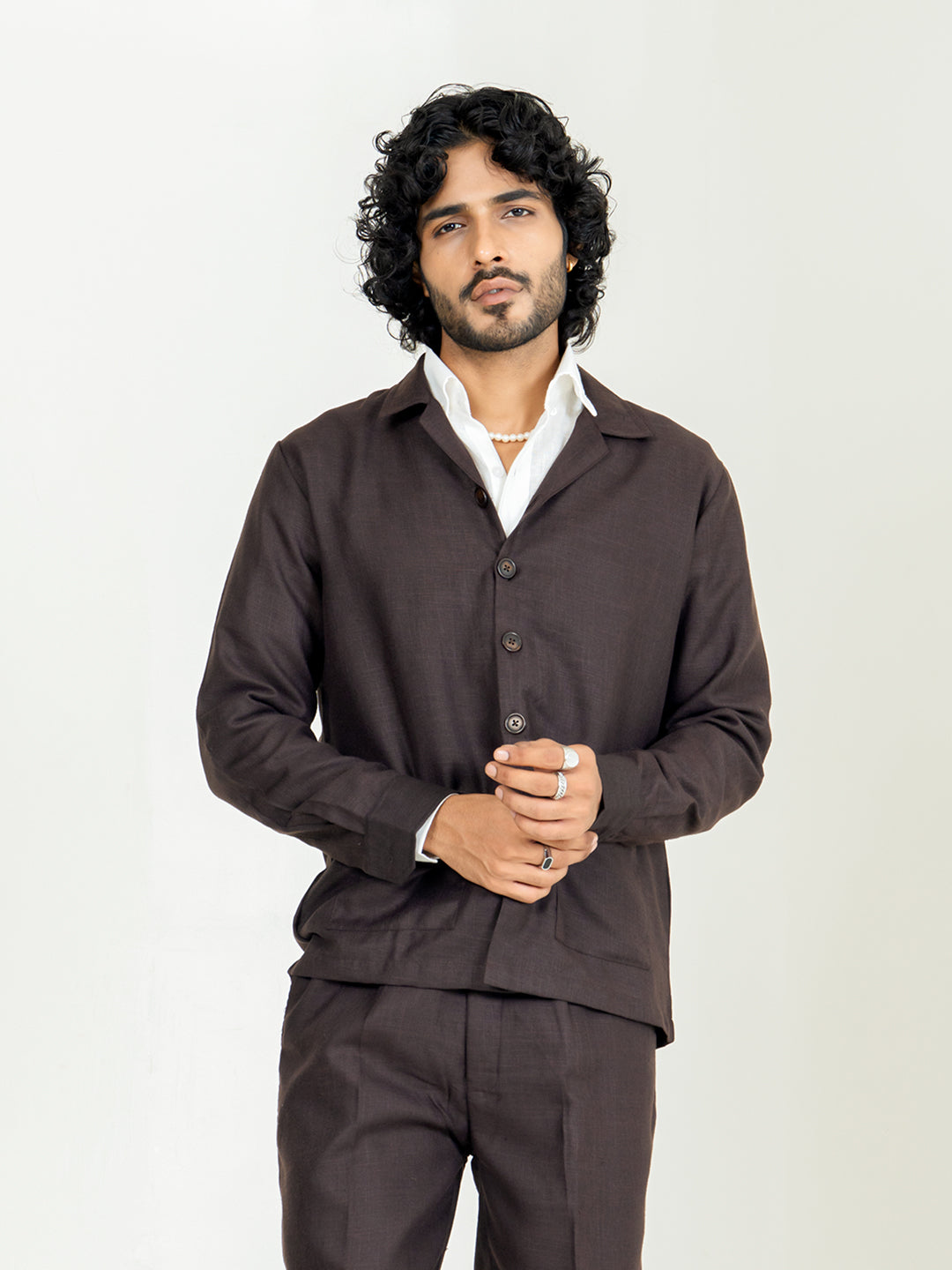 Umber Brown Two Pocket Linen blend shacket