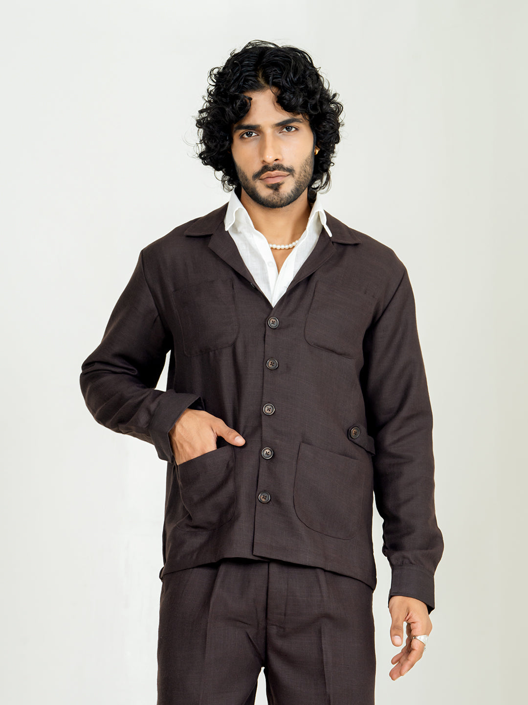 Umber Brown 4 Pocket Linen blend shacket
