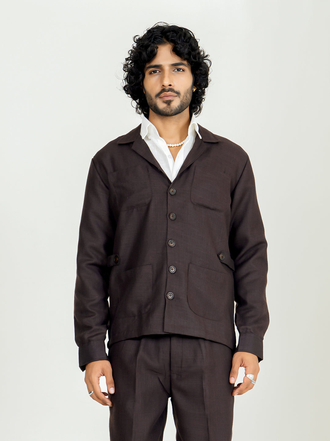 Umber Brown 4 Pocket Linen blend shacket