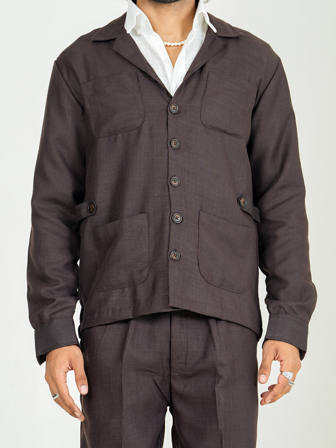 Umber Brown 4 Pocket Linen blend shacket