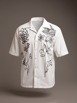 White Cuban Collar Abstract Placement Print Oversized Shirt