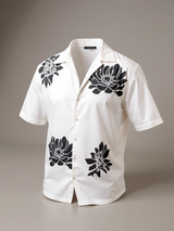 White Cuban Collar Half Sleeve Abstract Placement Print Oversized Shirt