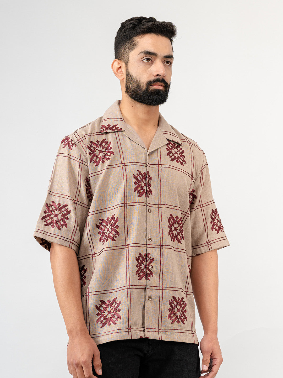 Burnt Sugar Cuban Collar Embroidery half sleeves shirt