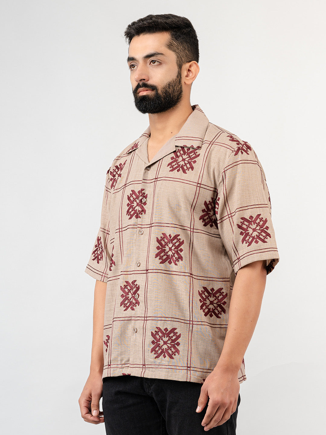 Burnt Sugar Cuban Collar Embroidery half sleeves shirt