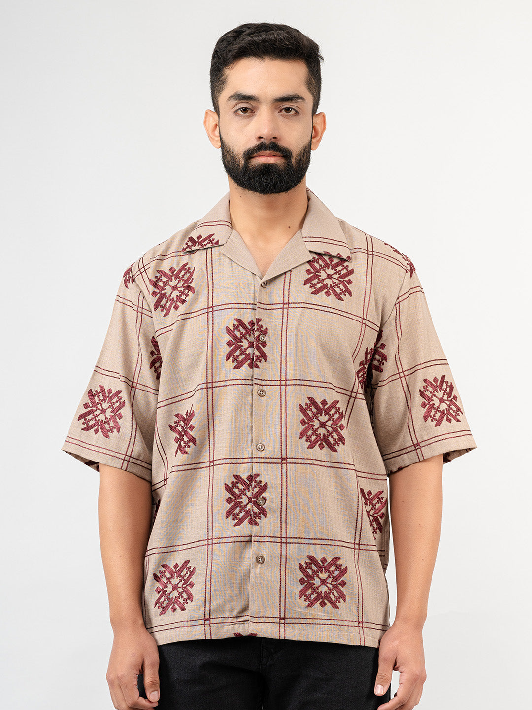 Burnt Sugar Cuban Collar Embroidery half sleeves shirt