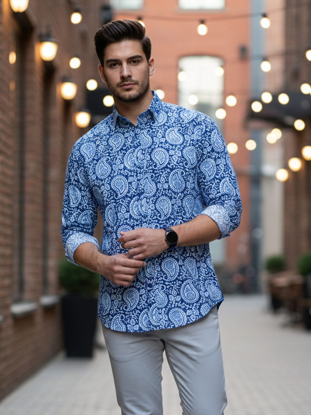 Stone Blue Full Sleeve Sanganeri Printed Shirt