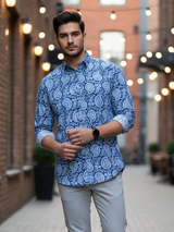 Stone Blue Full Sleeve Sanganeri Printed Shirt