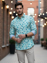 Peach & Green Sanganeri Elephant Printed Shirt for Men