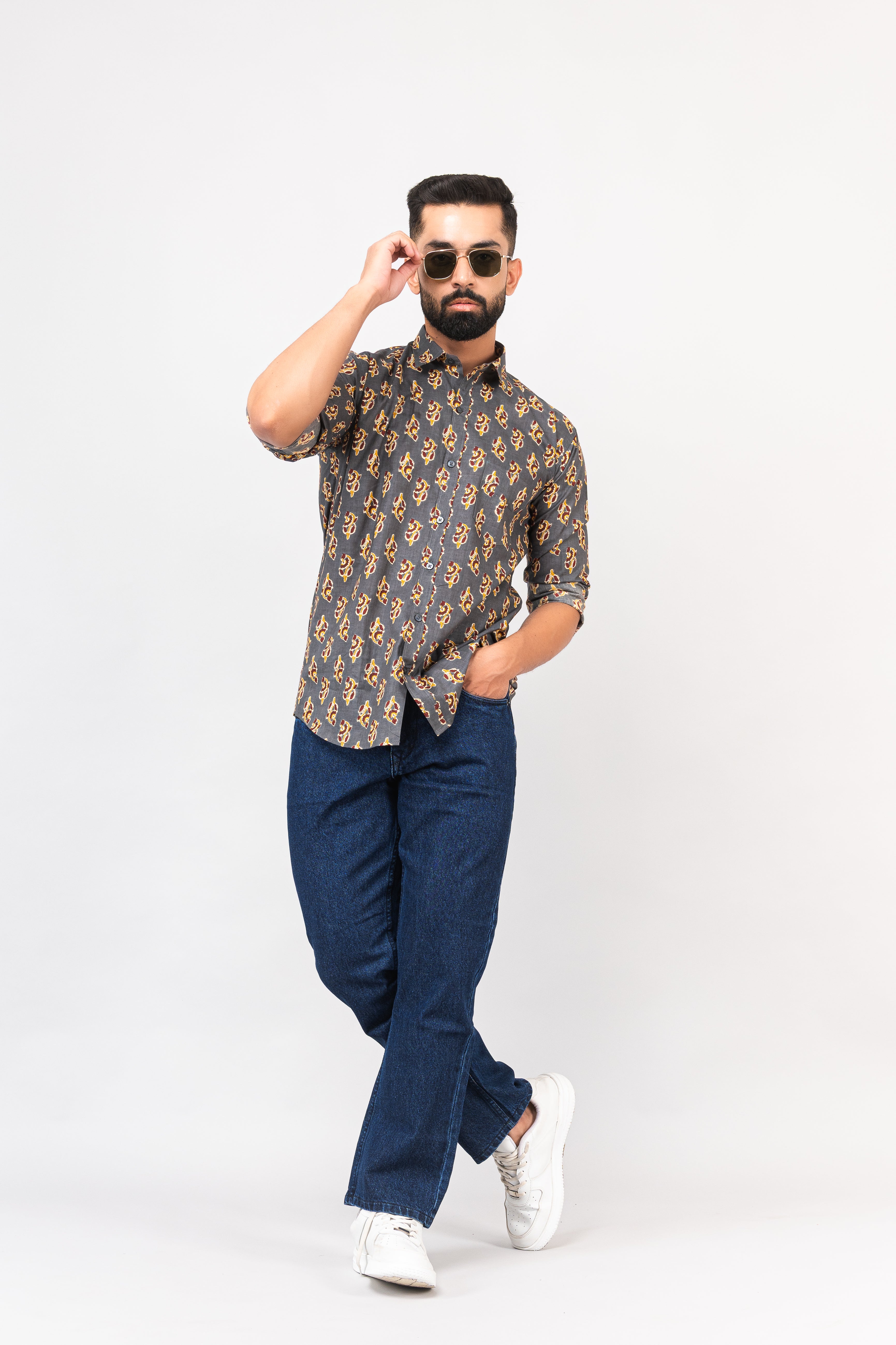 Olive Green Sanganeri Printed Shirt for Men