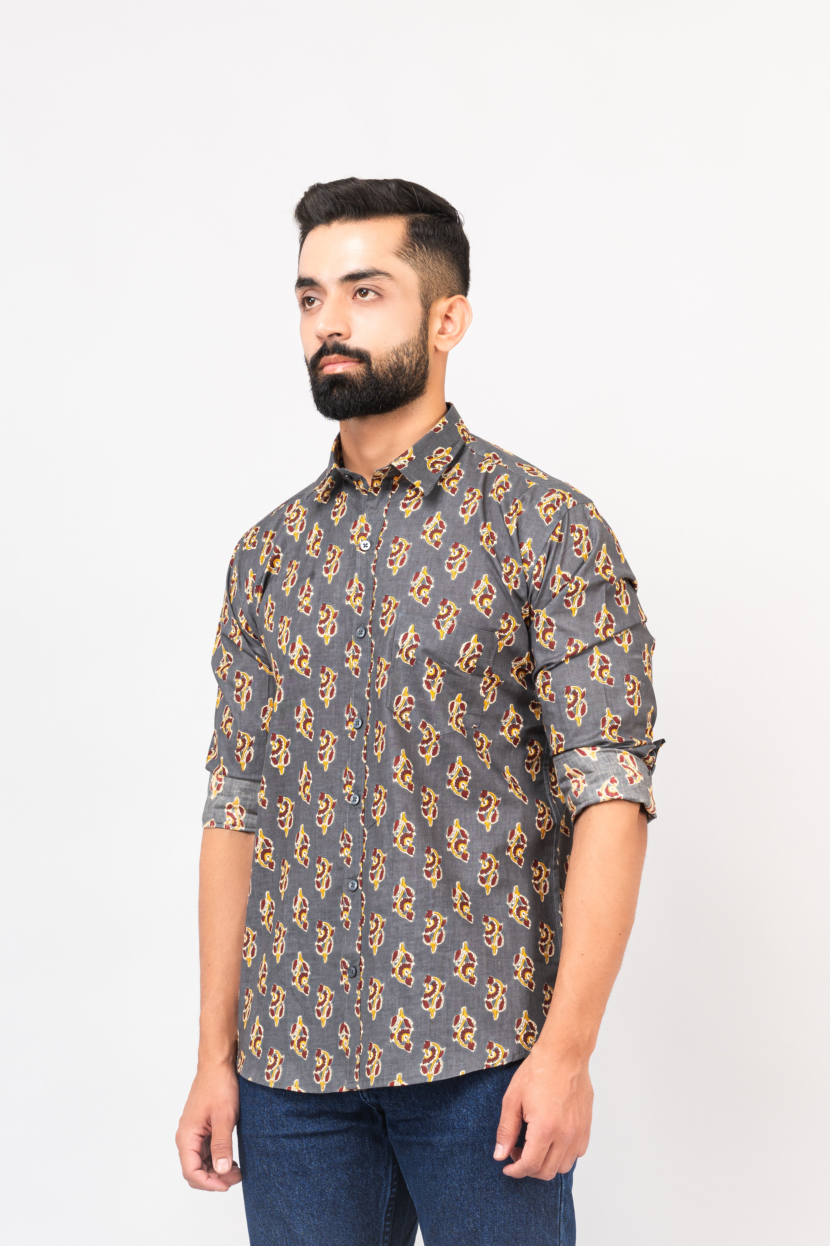 Olive Green Sanganeri Printed Shirt for Men