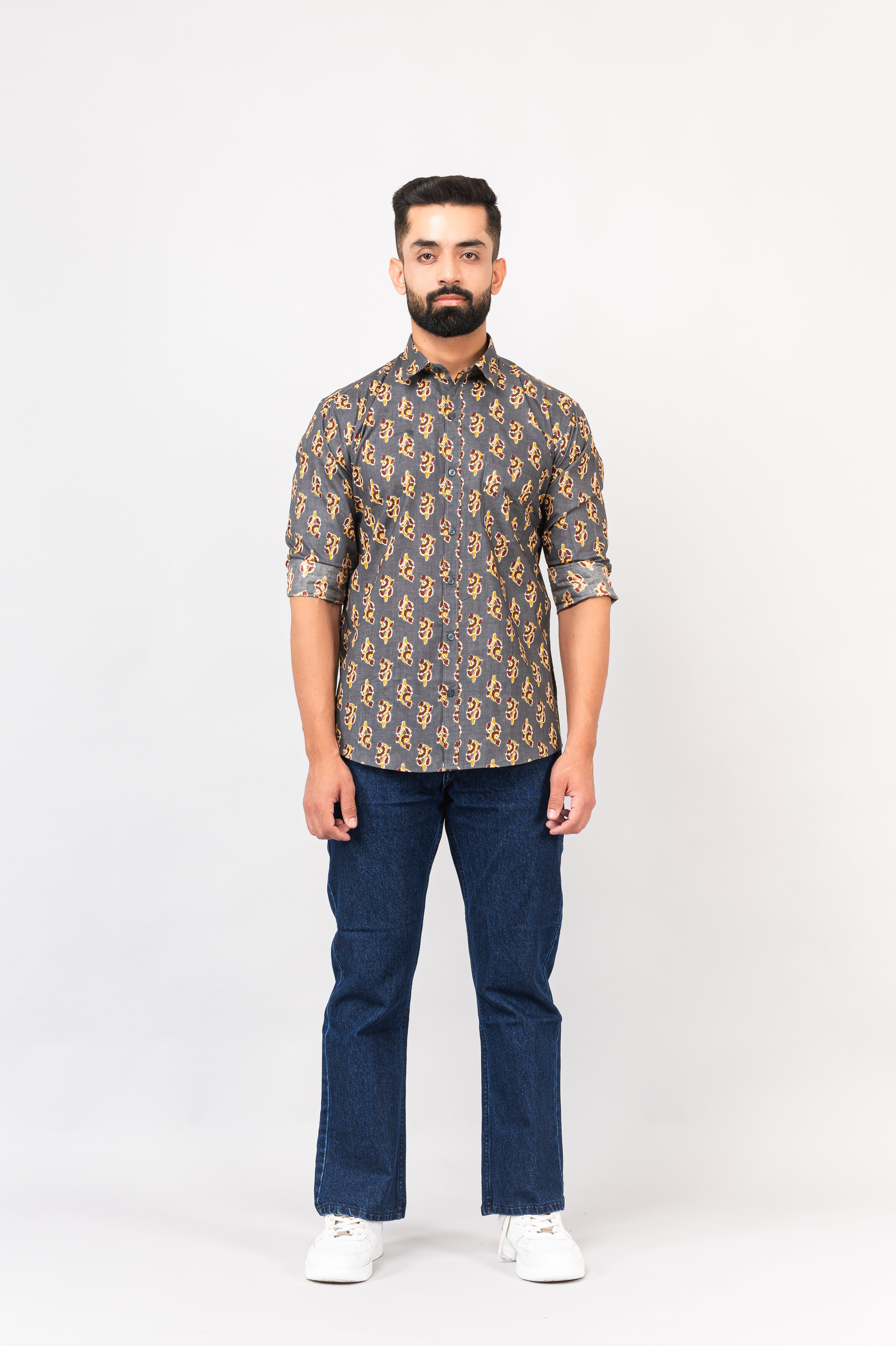 Olive Green Sanganeri Printed Shirt for Men
