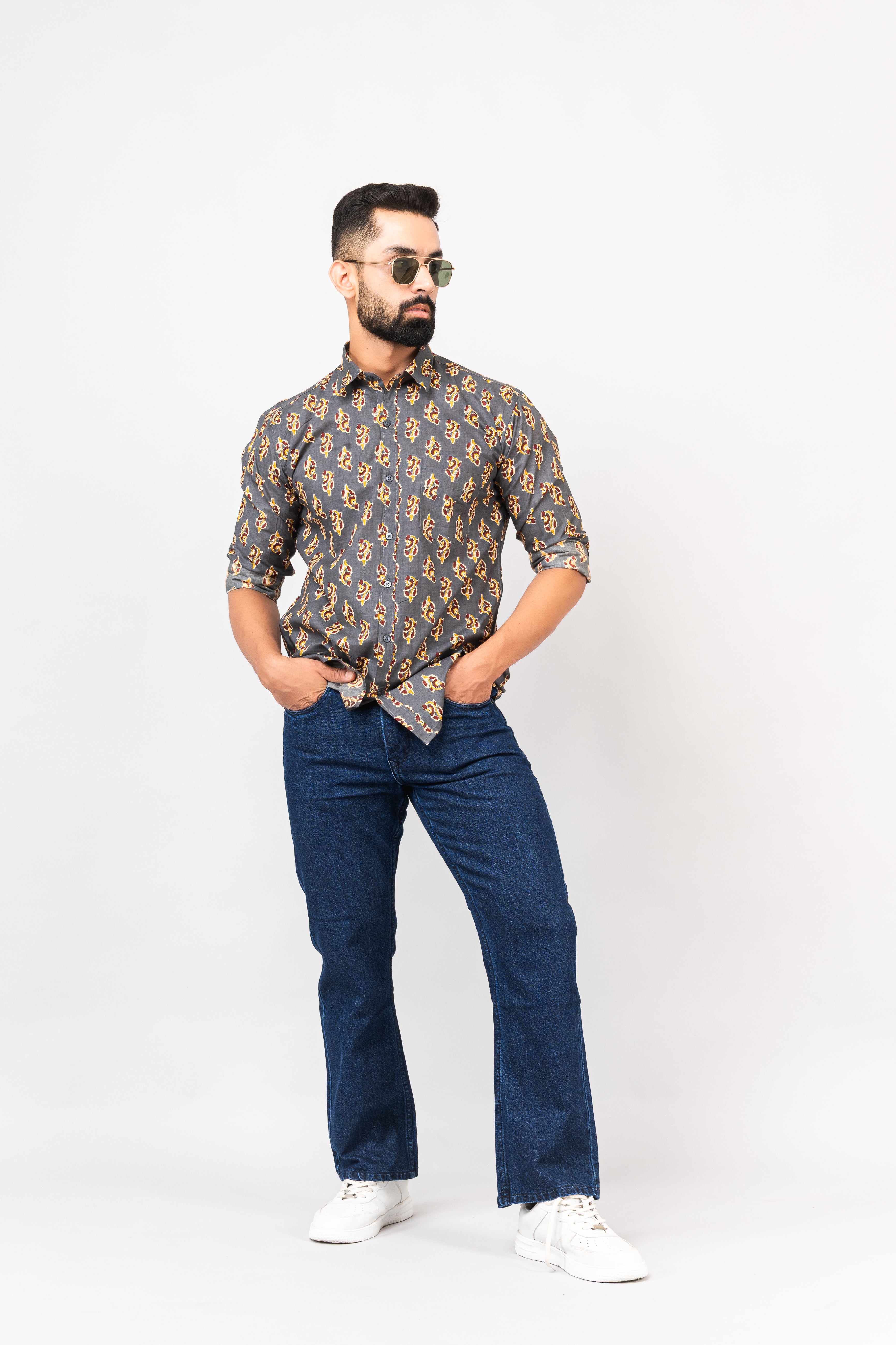 Olive Green Sanganeri Printed Shirt for Men