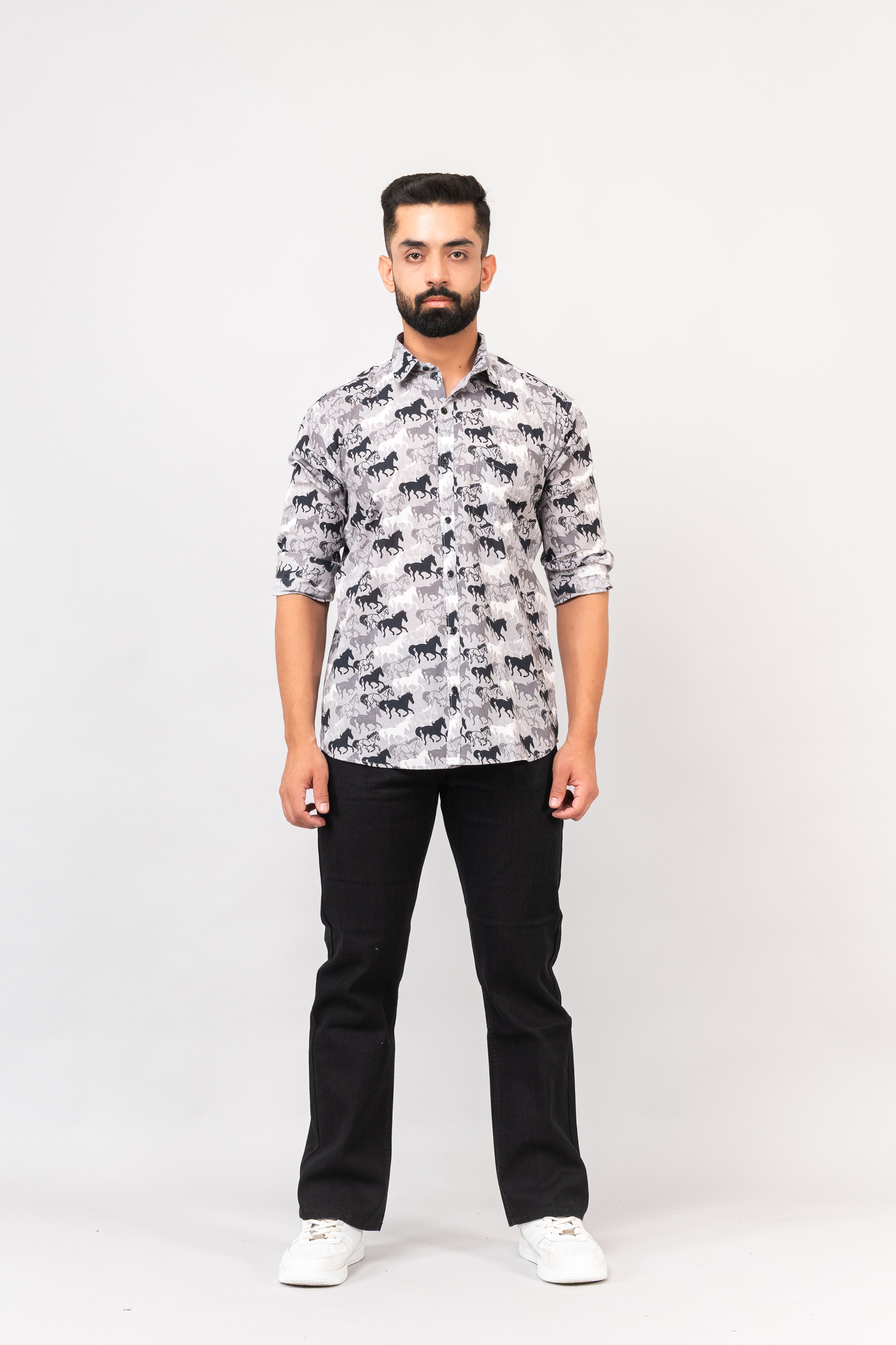Grey Sanganeri Horse Printed Shirt