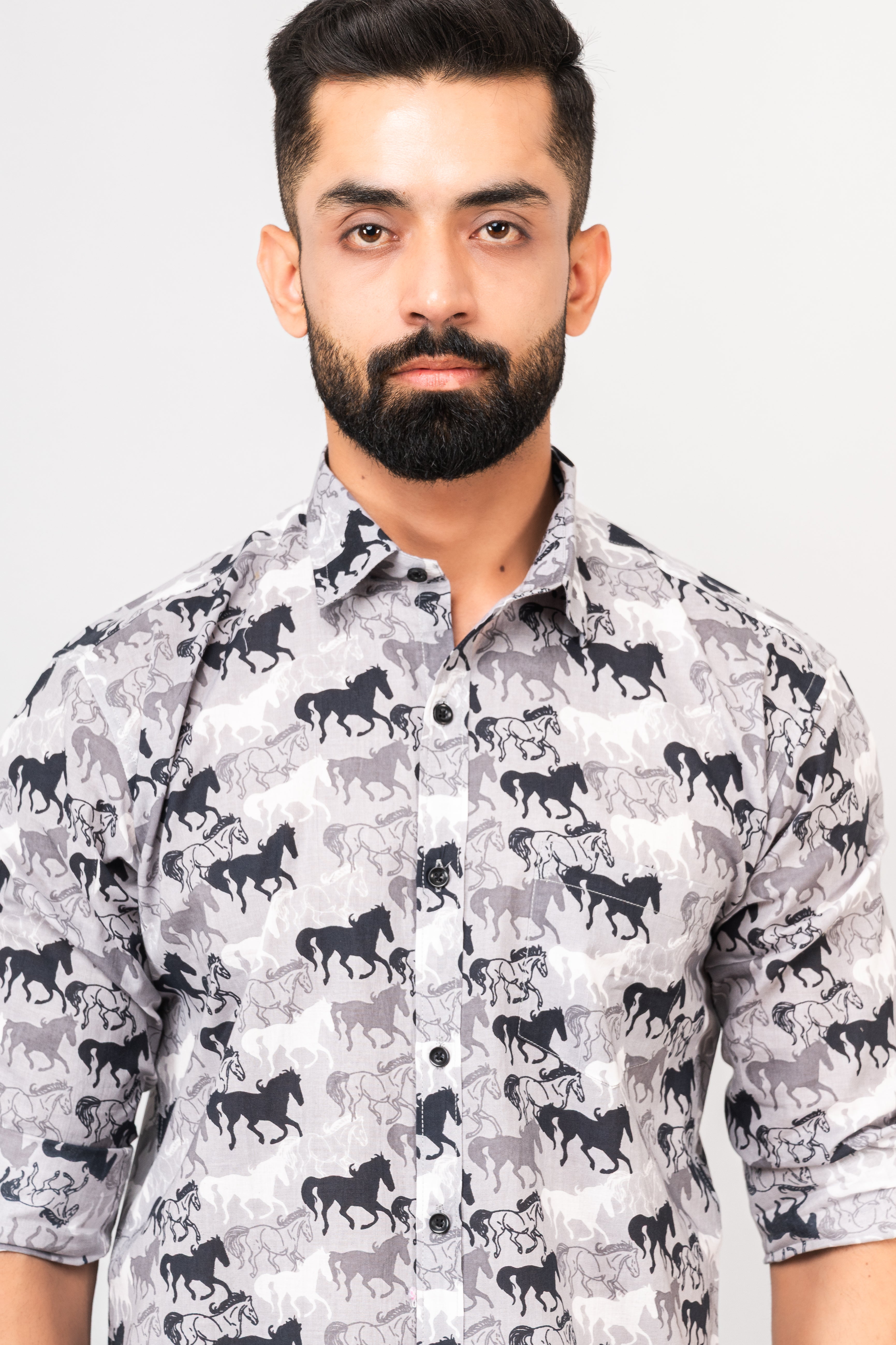 Grey Sanganeri Horse Printed Shirt