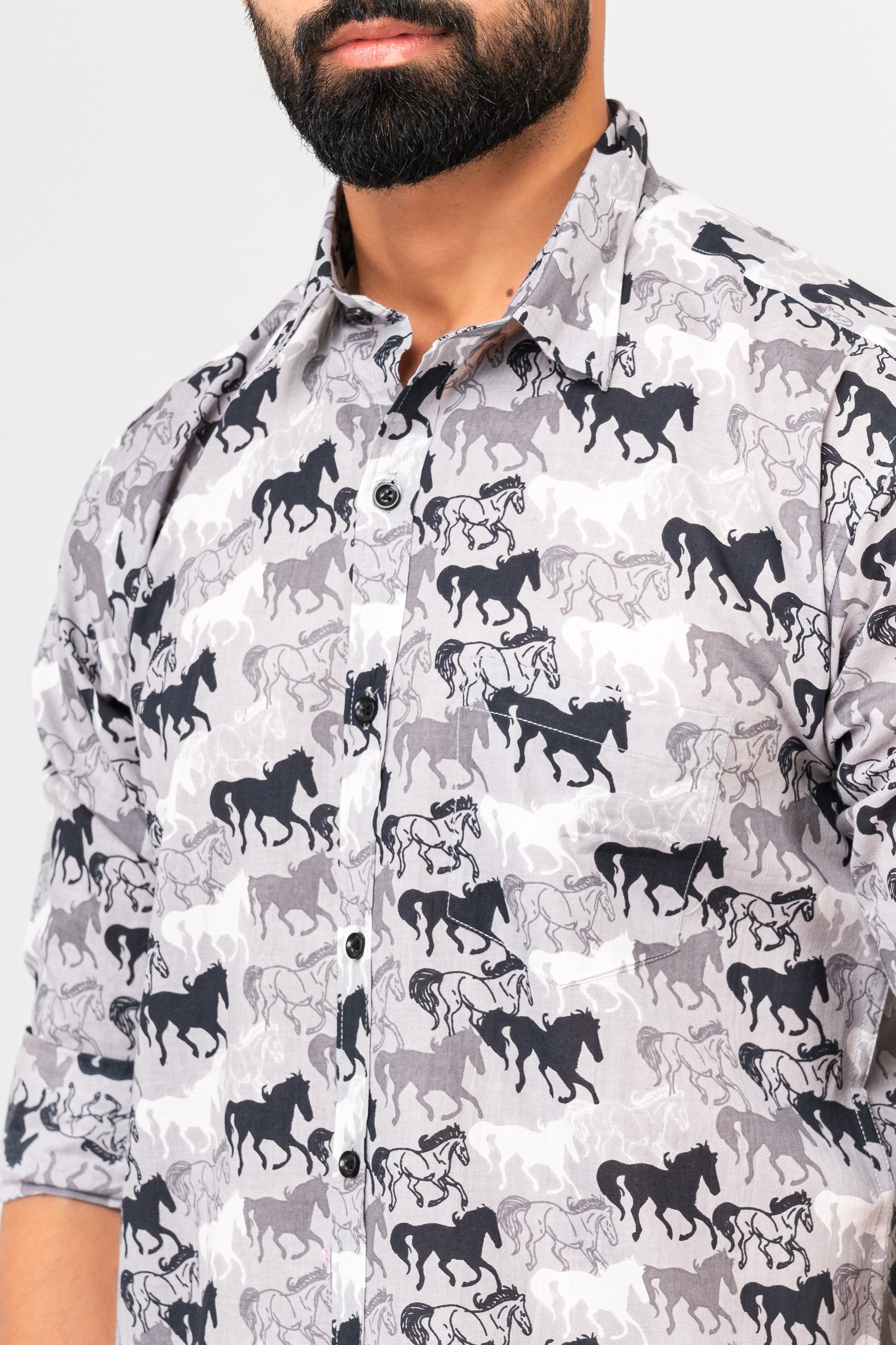 Grey Sanganeri Horse Printed Shirt