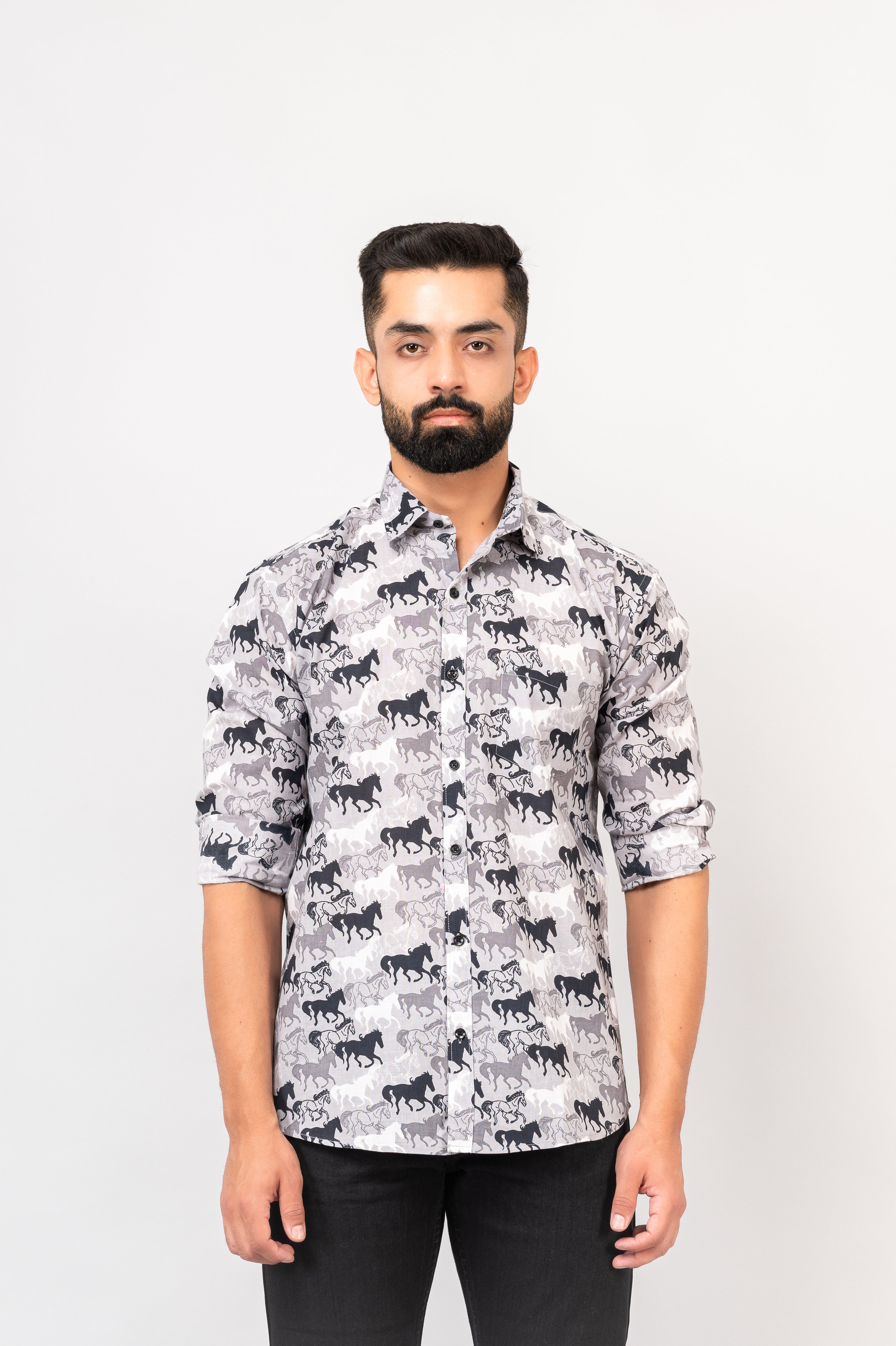 Grey Sanganeri Horse Printed Shirt